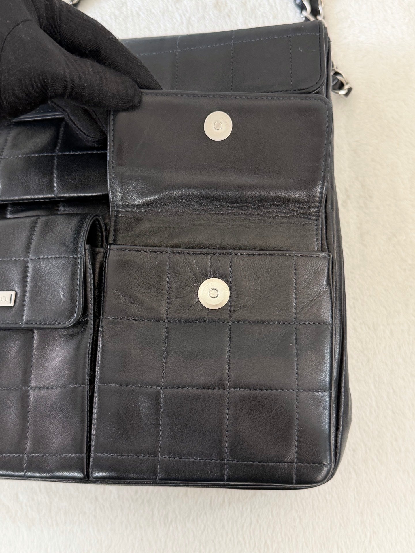 CHANEL 2.55 Ice Cube Quilted Double Chain Shoulder Bag Black Silver