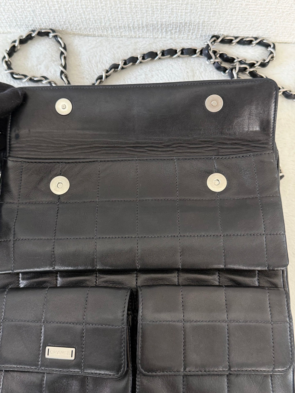 CHANEL 2.55 Ice Cube Quilted Double Chain Shoulder Bag Black Silver