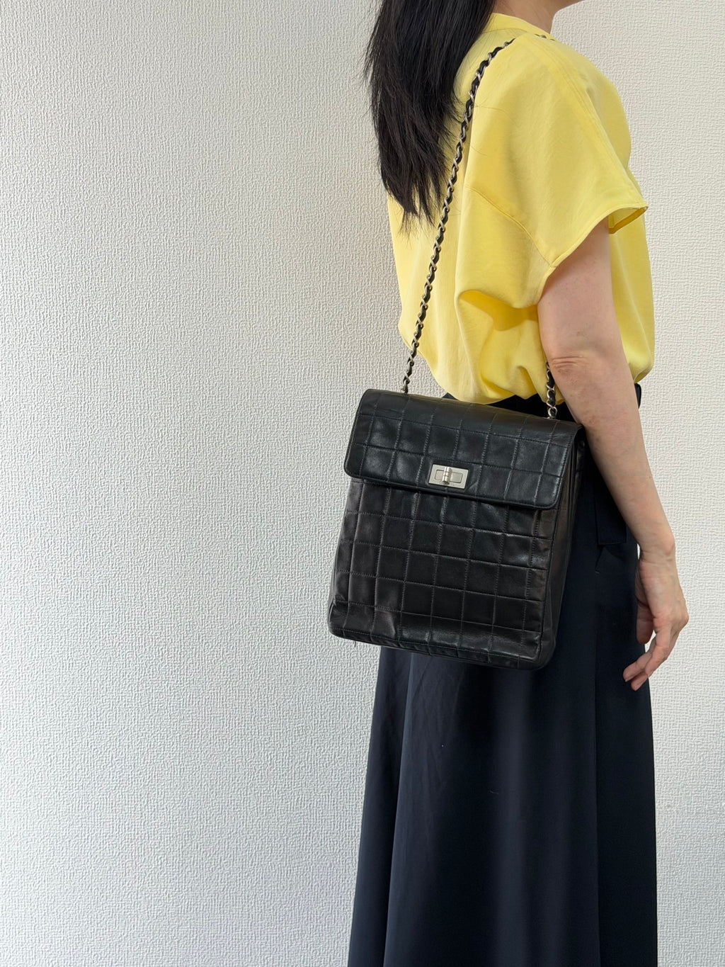 CHANEL 2.55 Ice Cube Quilted Double Chain Shoulder Bag Black Silver