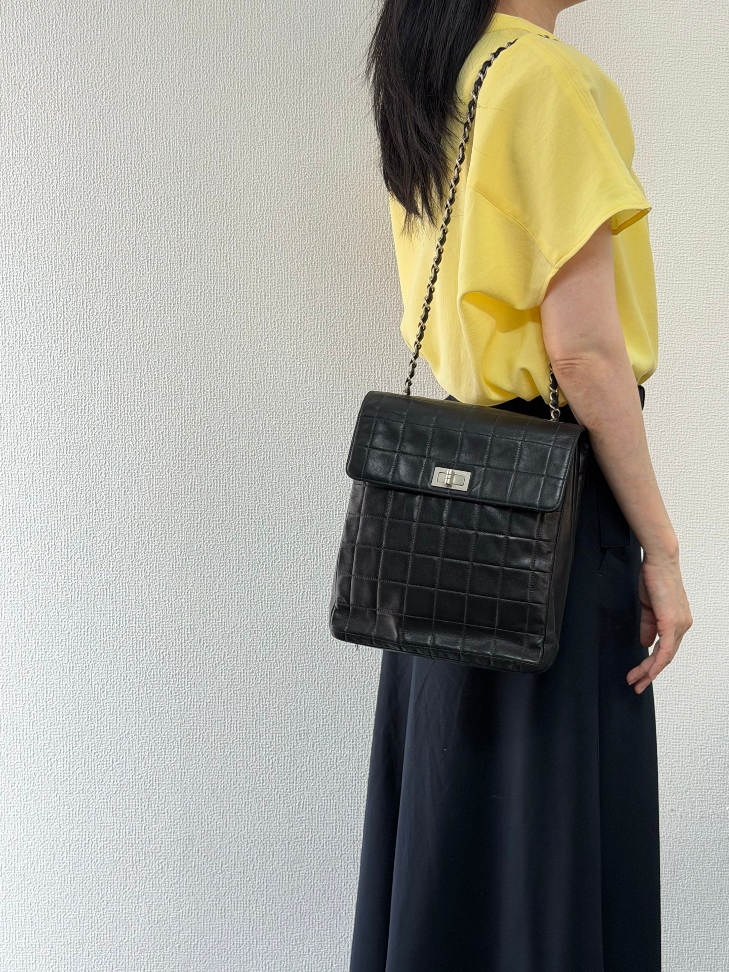 CHANEL 2.55 Ice Cube Quilted Double Chain Shoulder Bag Black Silver