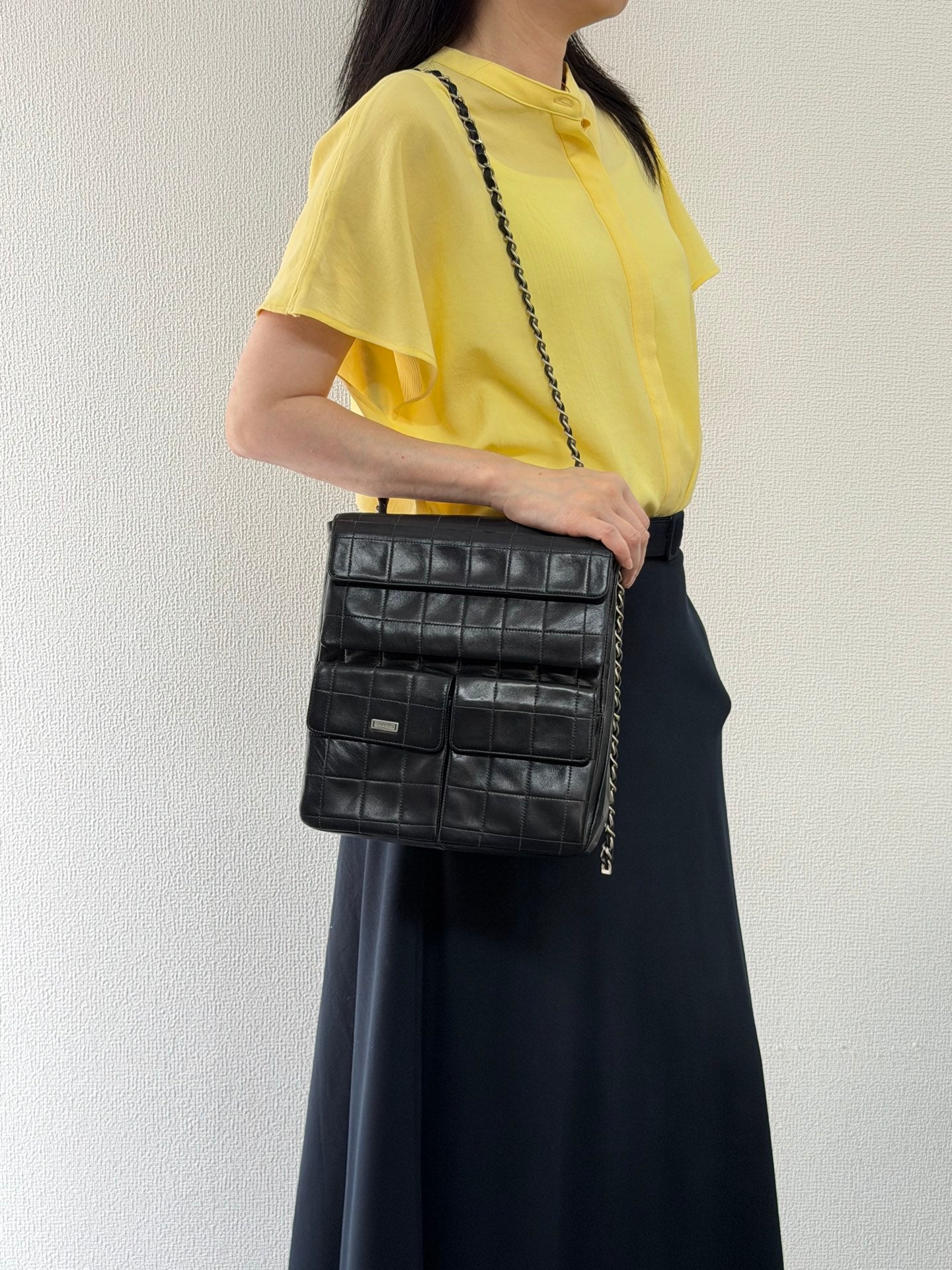 CHANEL 2.55 Ice Cube Quilted Double Chain Shoulder Bag Black Silver