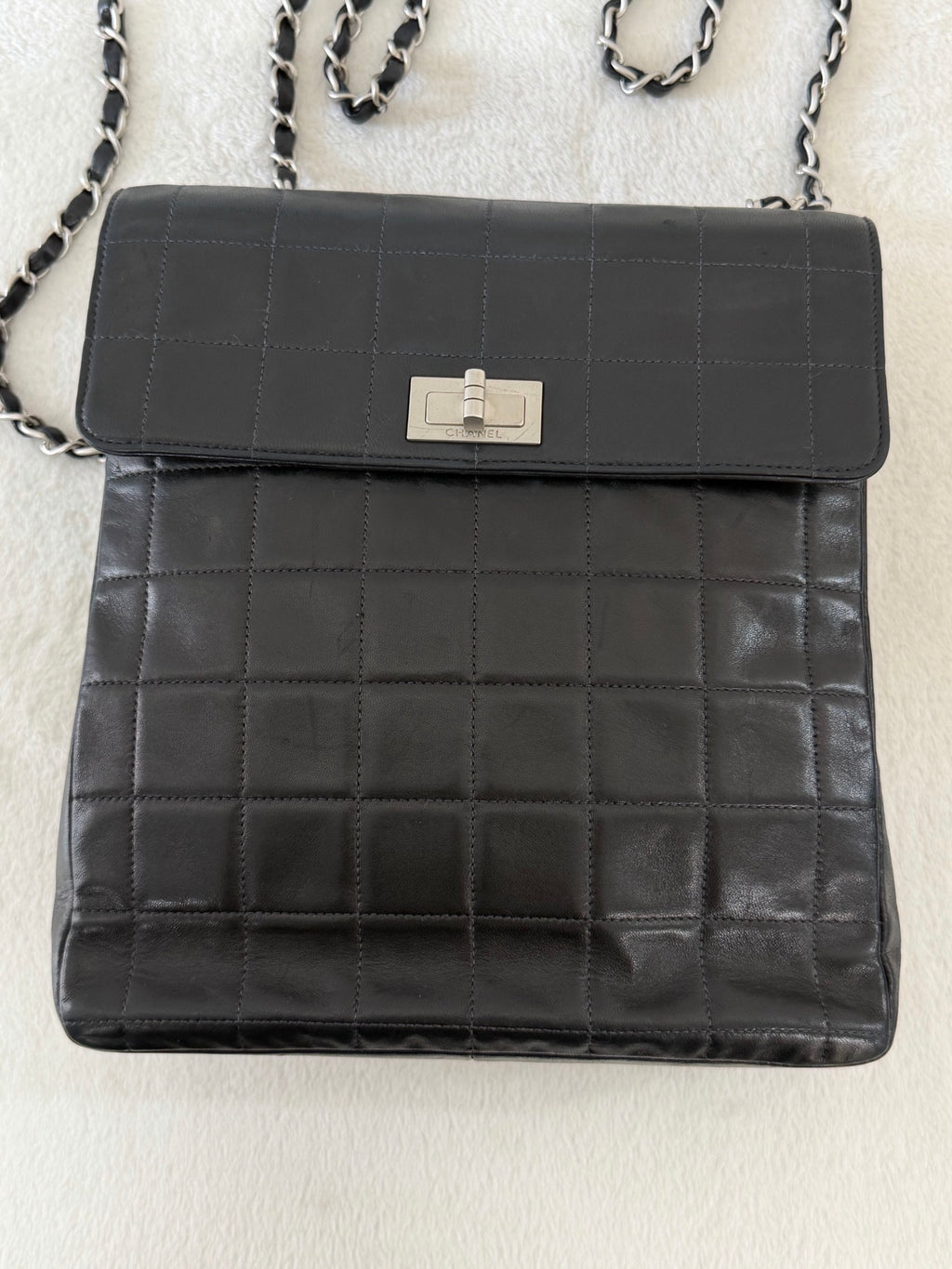 CHANEL 2.55 Ice Cube Quilted Double Chain Shoulder Bag Black Silver