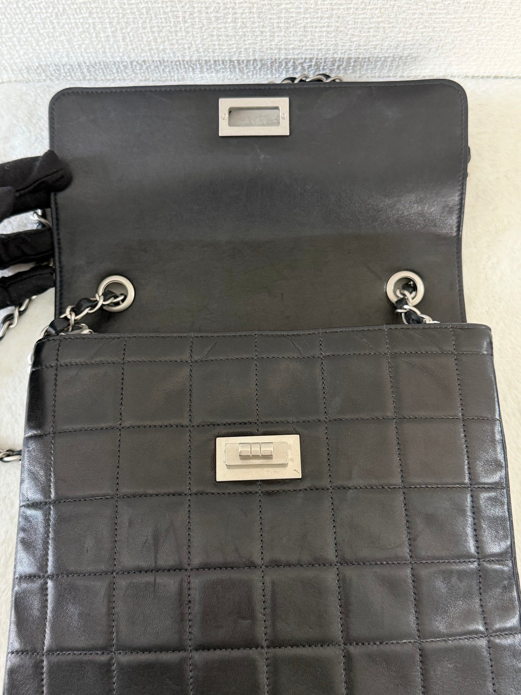 CHANEL 2.55 Ice Cube Quilted Double Chain Shoulder Bag Black Silver