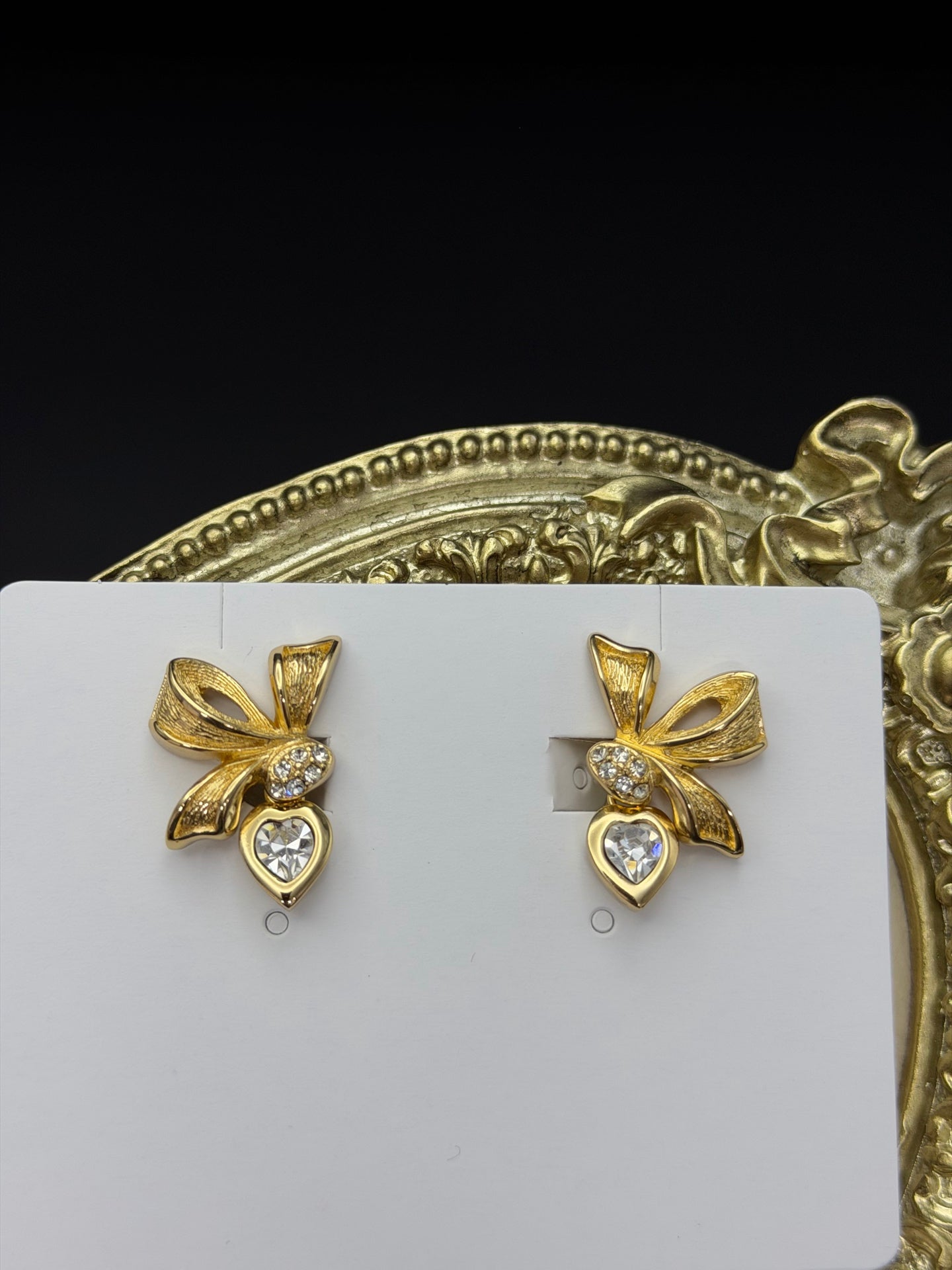 Christian Dior Ribbon Bow Heart Crystal Rhinestone Dangle Clip On Earrings