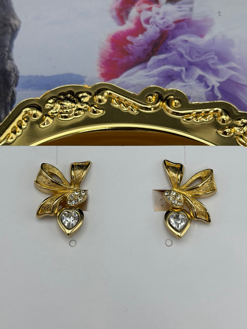 Christian Dior Ribbon Bow Heart Crystal Rhinestone Dangle Clip On Earrings