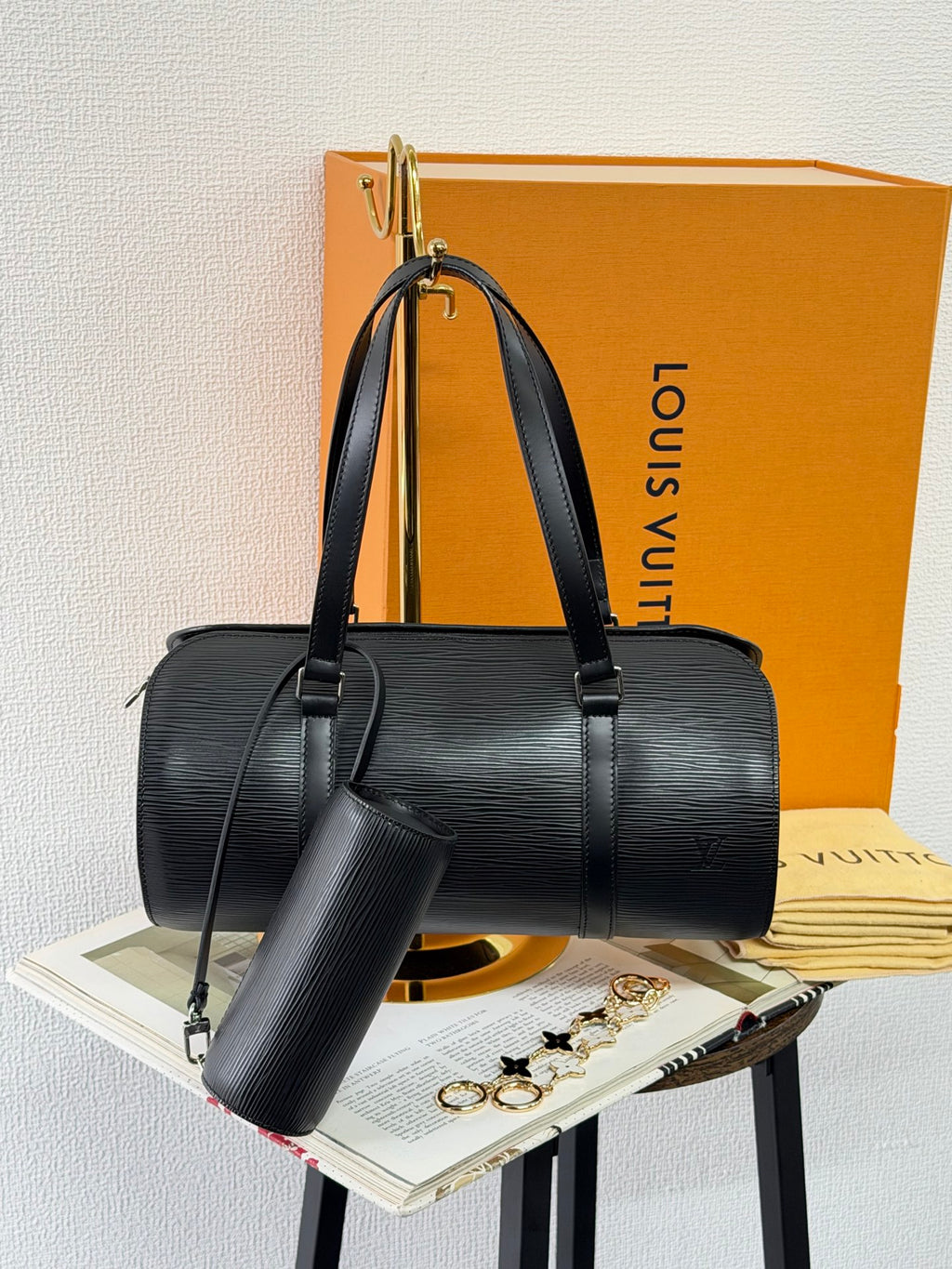Louis Vuitton Soufflot Epi Handbag  Black Leather LV logo Engraved