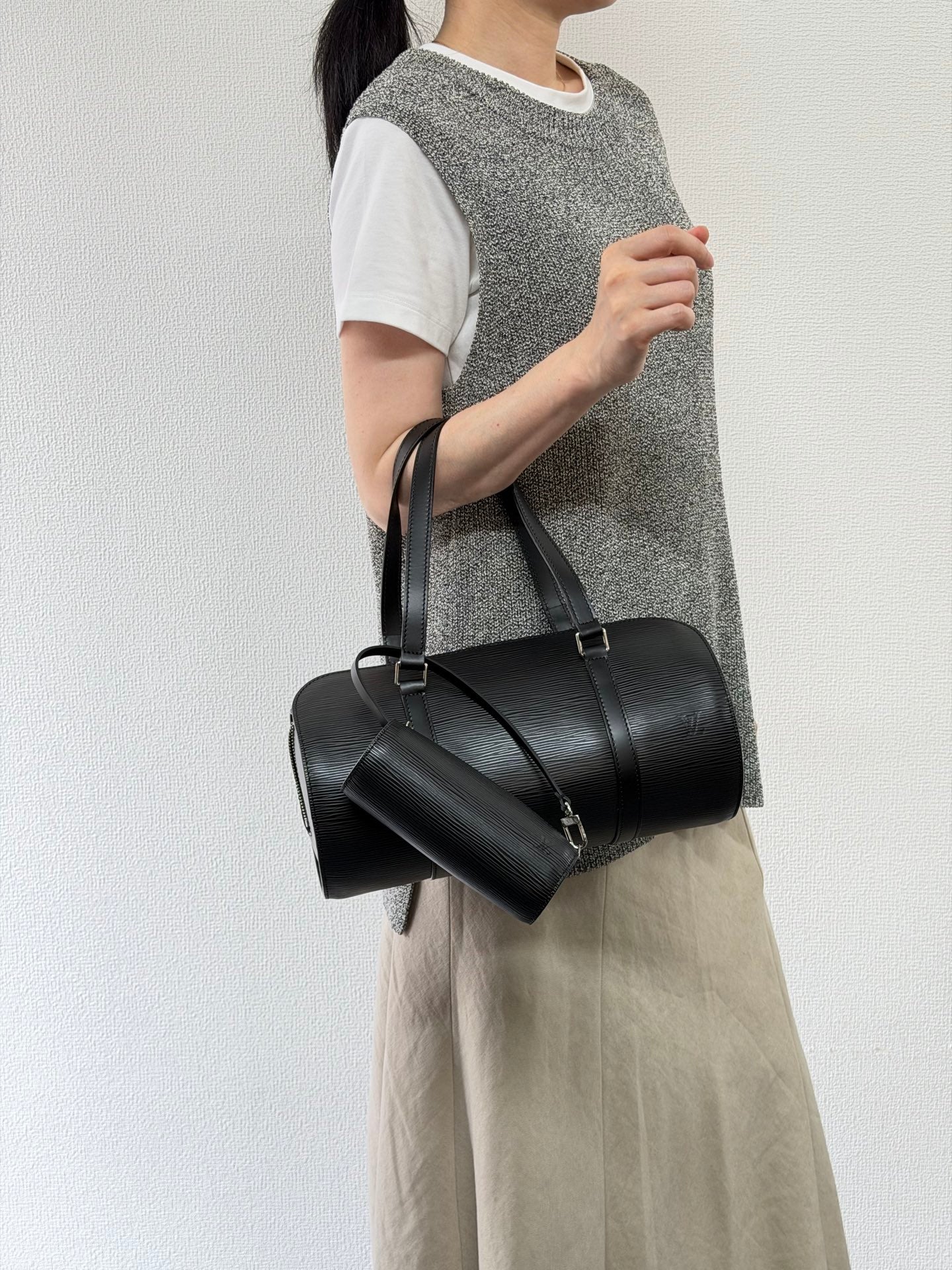 Louis Vuitton Soufflot Epi Handbag  Black Leather LV logo Engraved