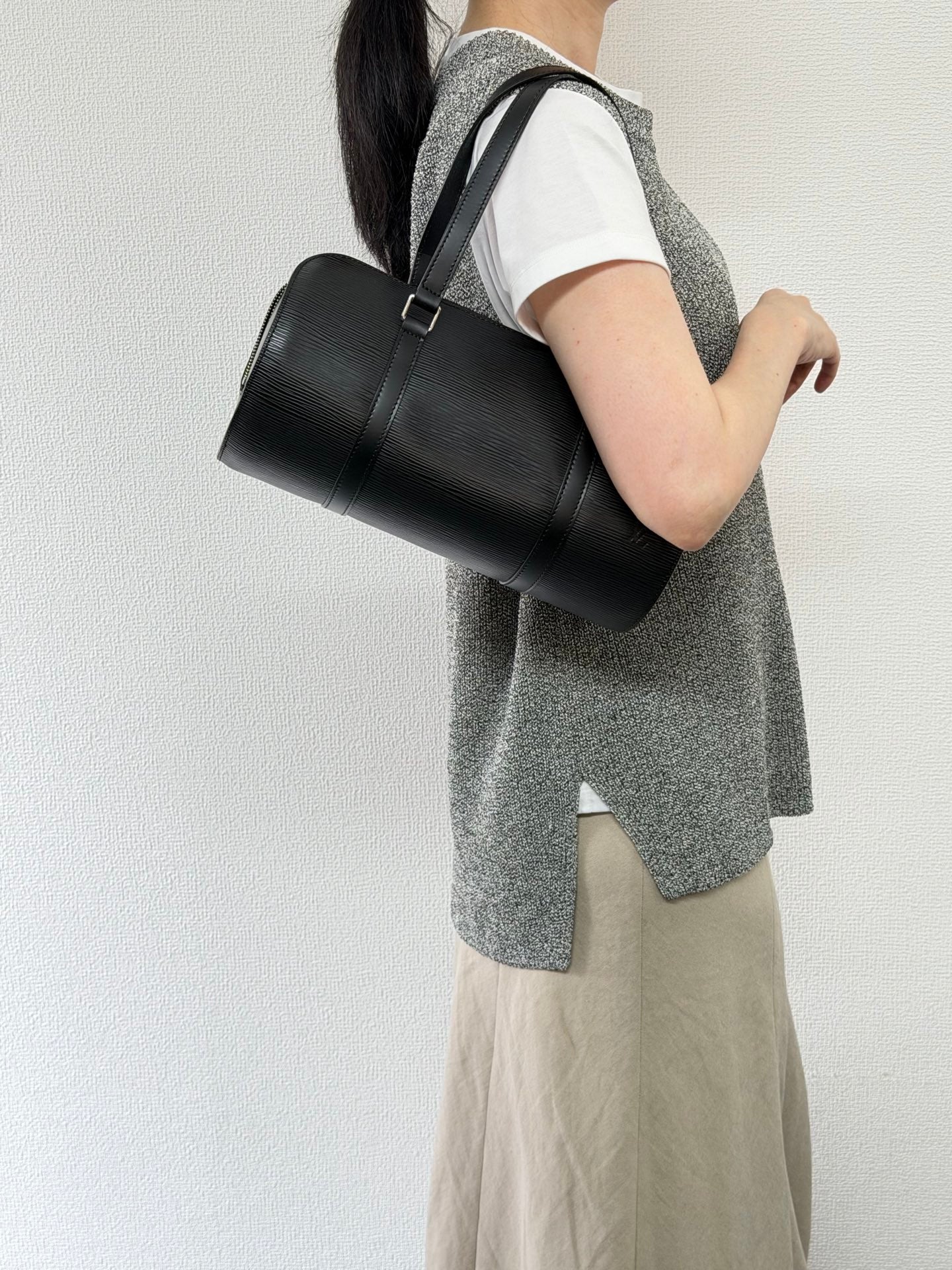 Louis Vuitton Soufflot Epi Handbag  Black Leather LV logo Engraved