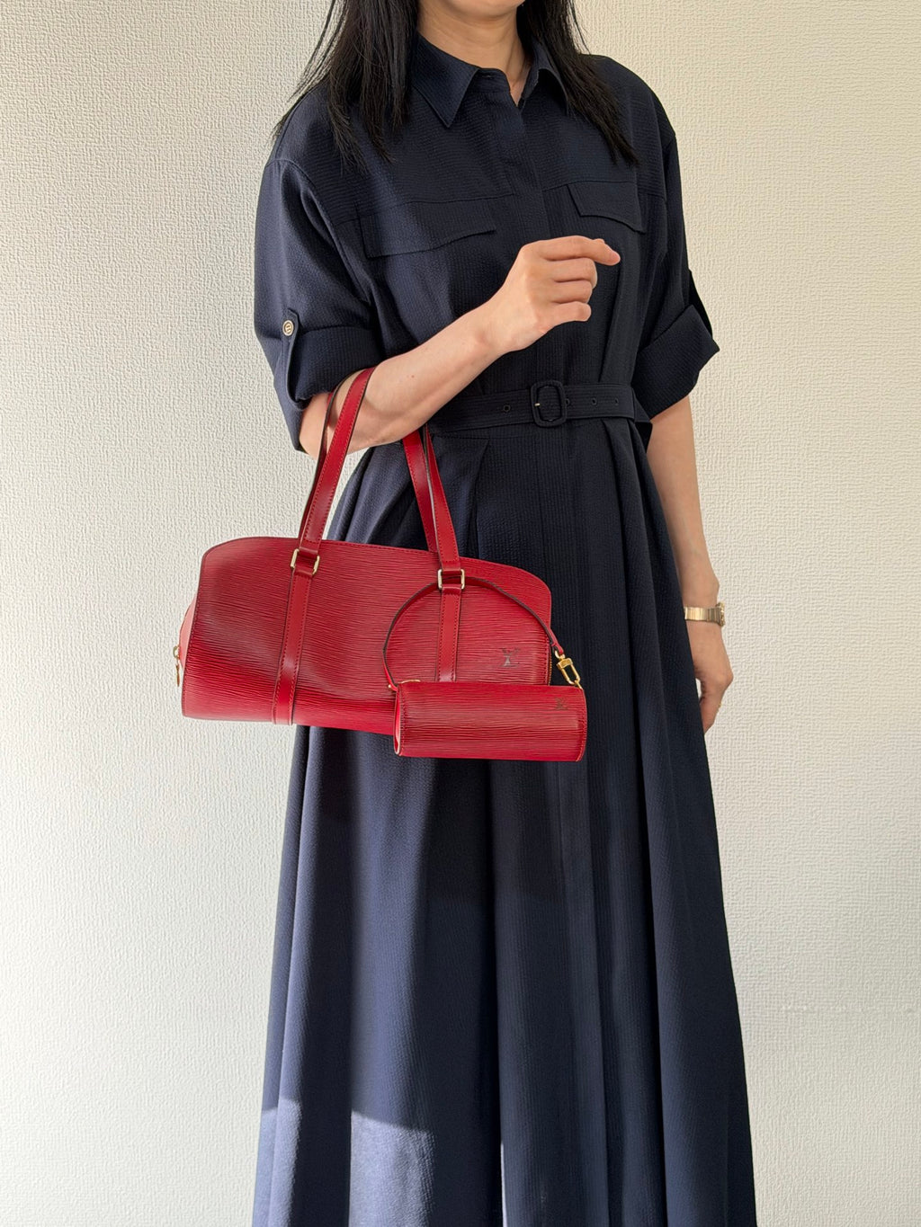Louis Vuitton Soufflot Epi Handbag  Red Leather LV logo Engraved