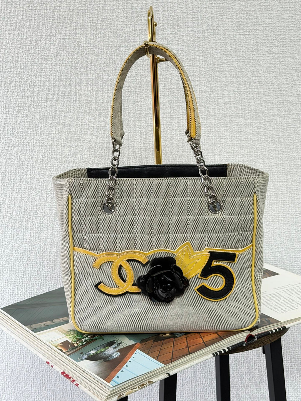 CHANEL Chocolate Bar Camellia No. 5 Canvas Chain Tote Bag
