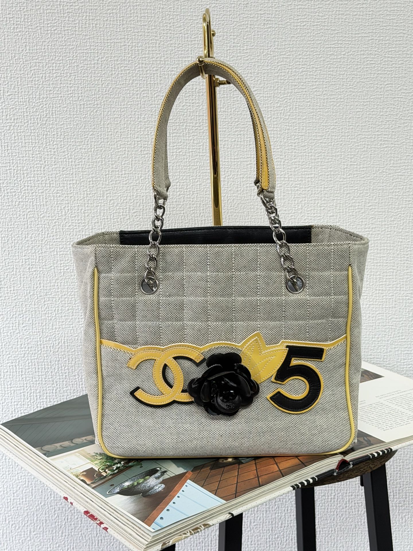 CHANEL Chocolate Bar Camellia No. 5 Canvas Chain Tote Bag