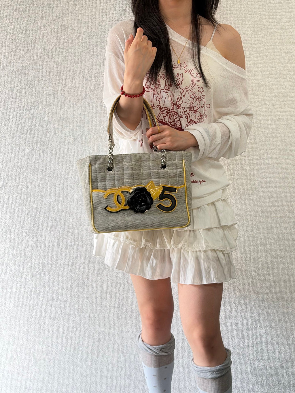 CHANEL Chocolate Bar Camellia No. 5 Canvas Chain Tote Bag