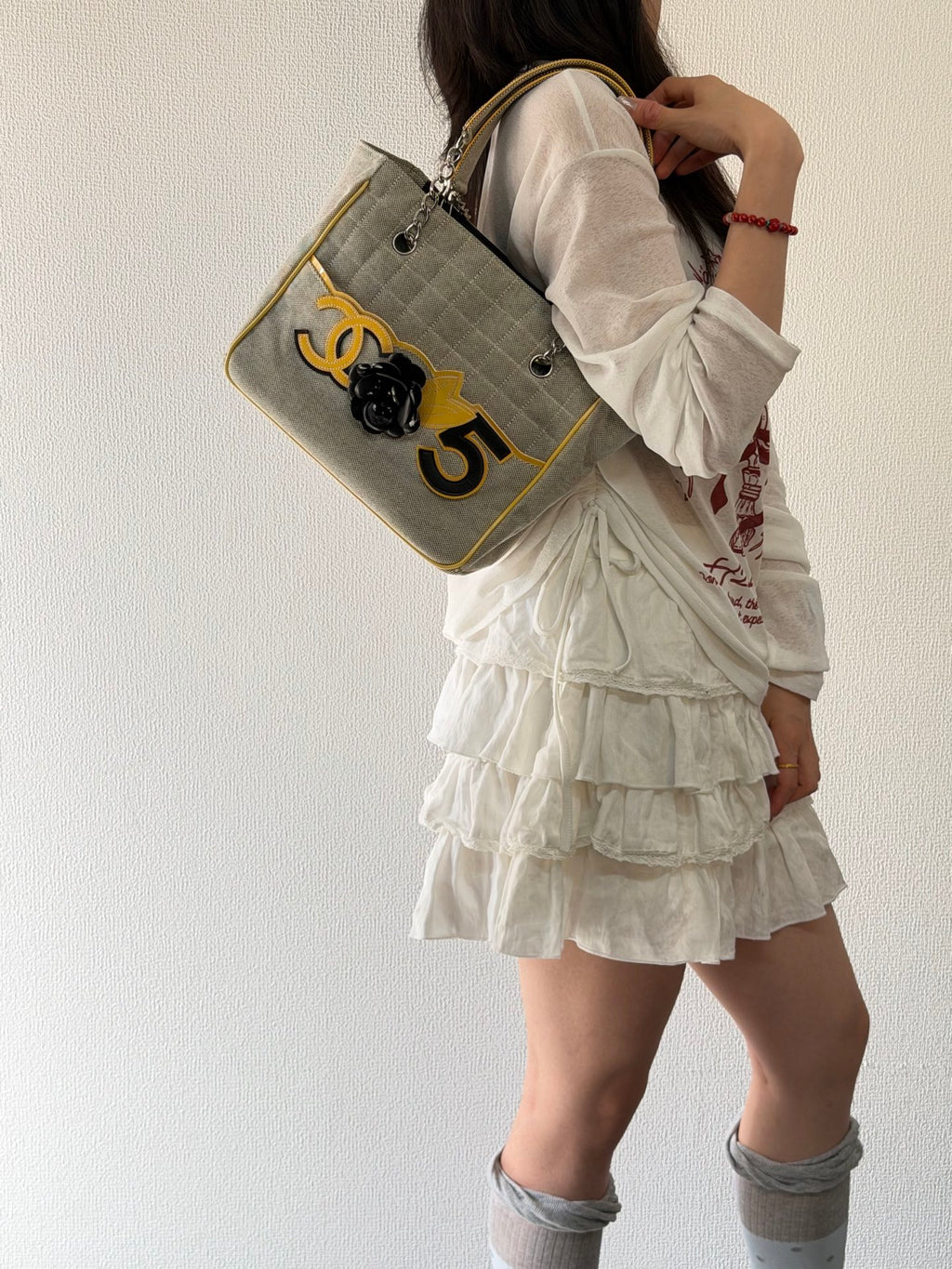 CHANEL Chocolate Bar Camellia No. 5 Canvas Chain Tote Bag