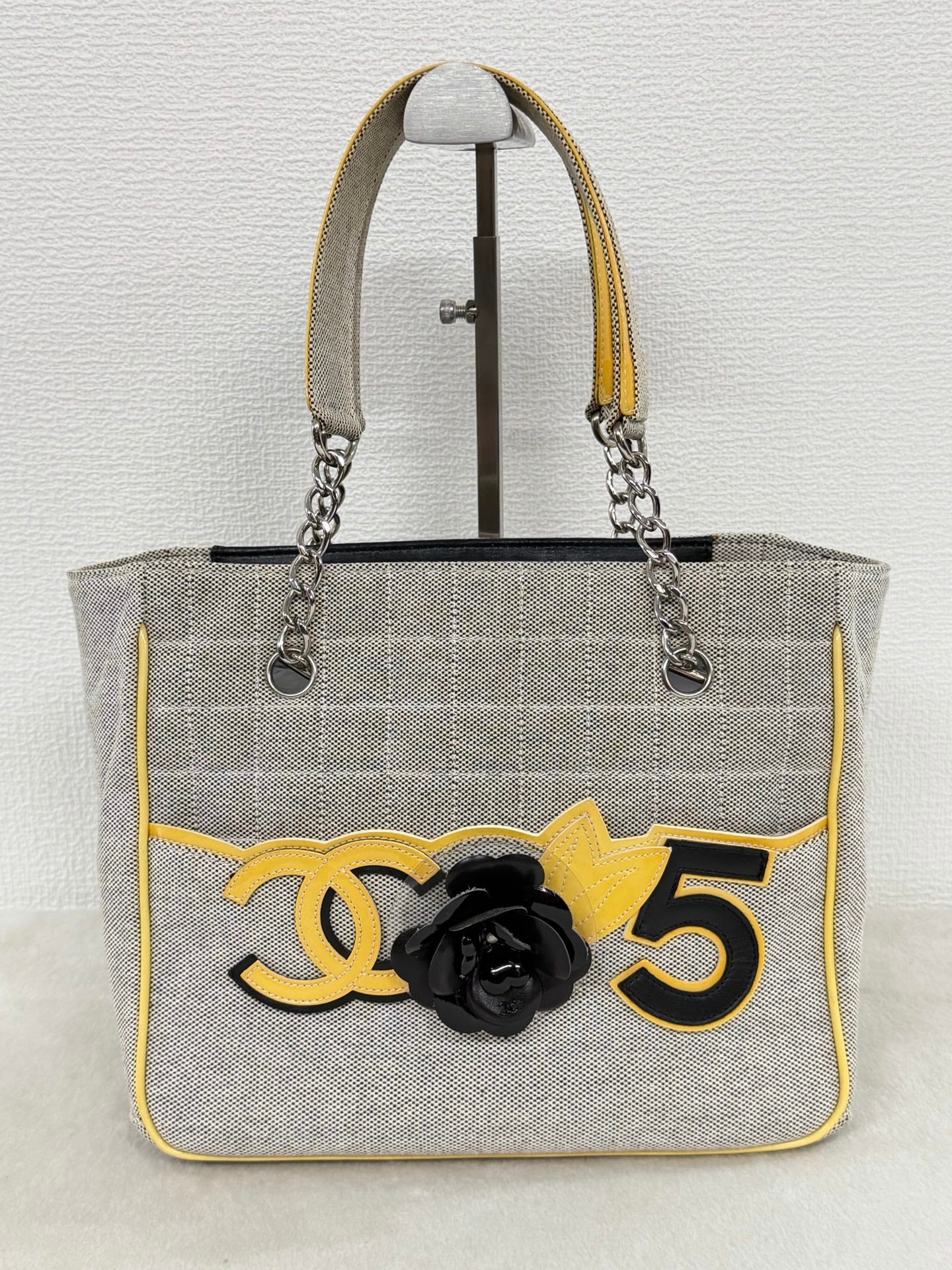 CHANEL Chocolate Bar Camellia No. 5 Canvas Chain Tote Bag