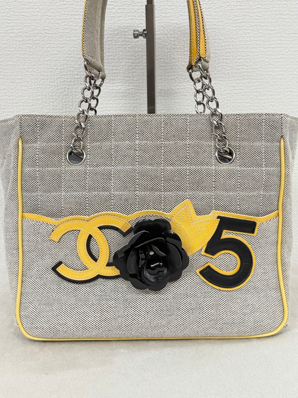 CHANEL Chocolate Bar Camellia No. 5 Canvas Chain Tote Bag