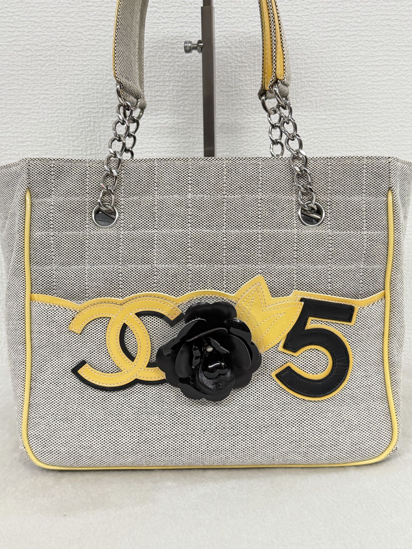 CHANEL Chocolate Bar Camellia No. 5 Canvas Chain Tote Bag