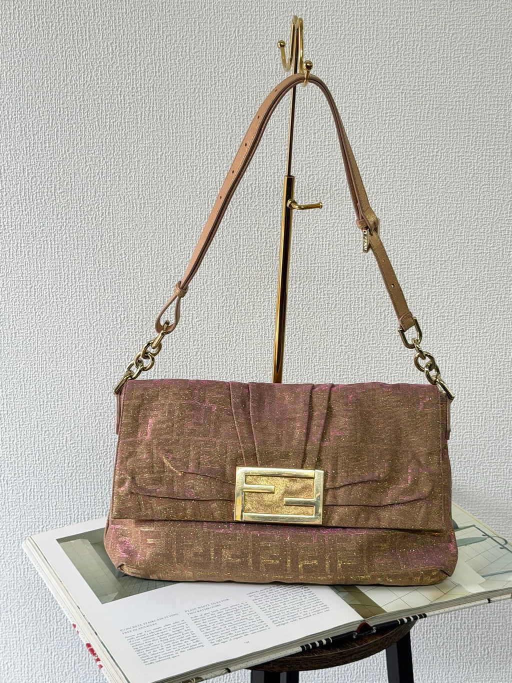 Fendi Metallic Pink Gold Lurex Zucca Large Mia Bag