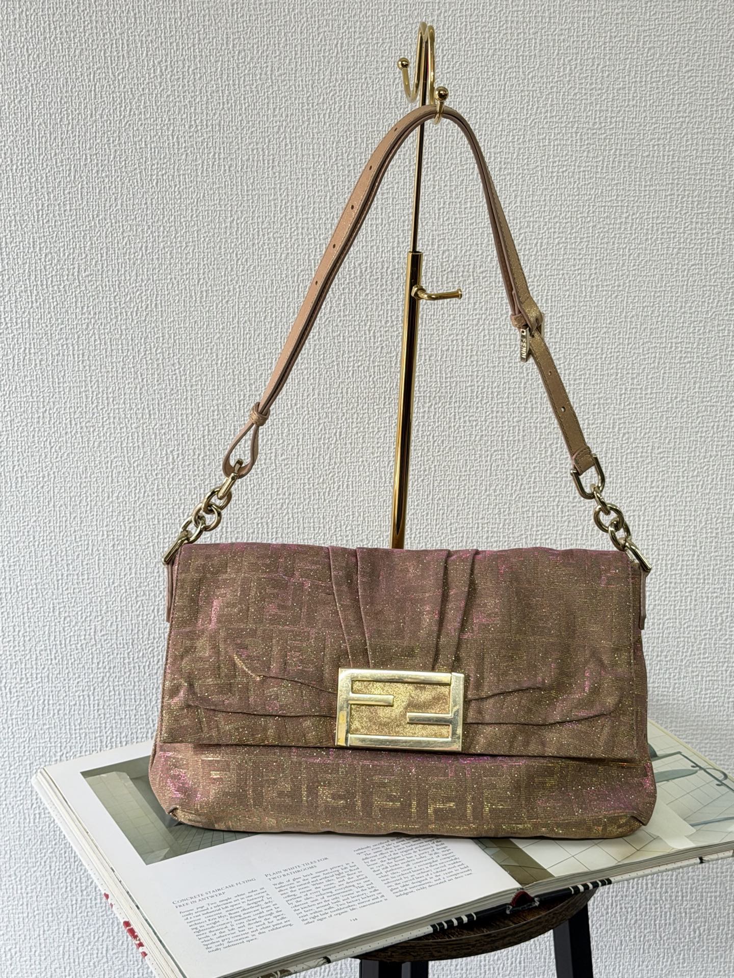 Fendi Metallic Pink Gold Lurex Zucca Large Mia Bag