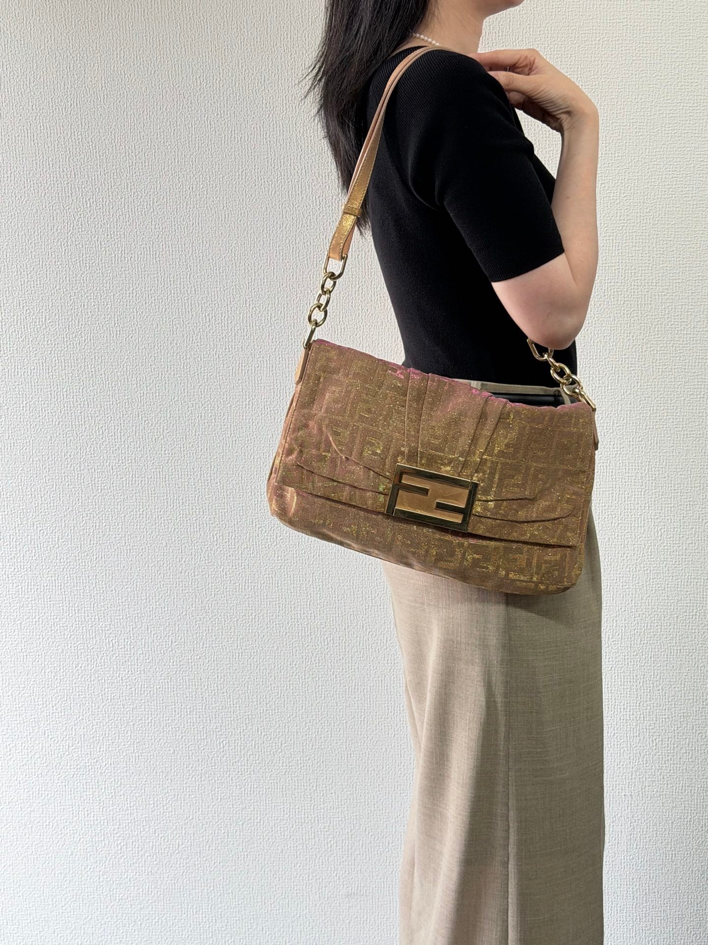 Fendi Metallic Pink Gold Lurex Zucca Large Mia Bag