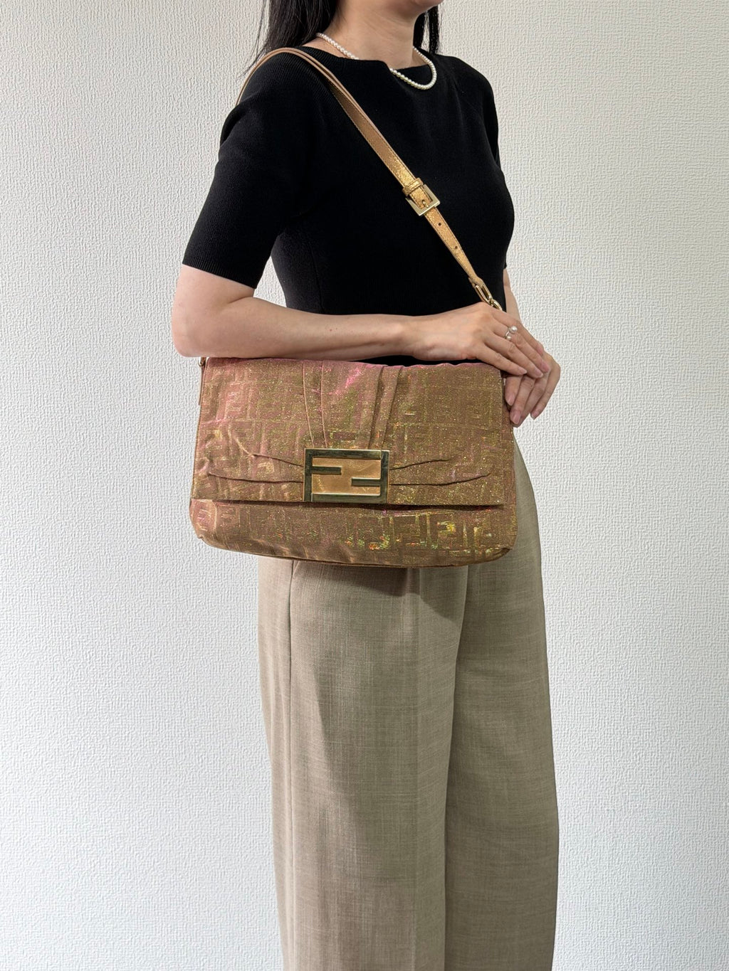 Fendi Metallic Pink Gold Lurex Zucca Large Mia Bag