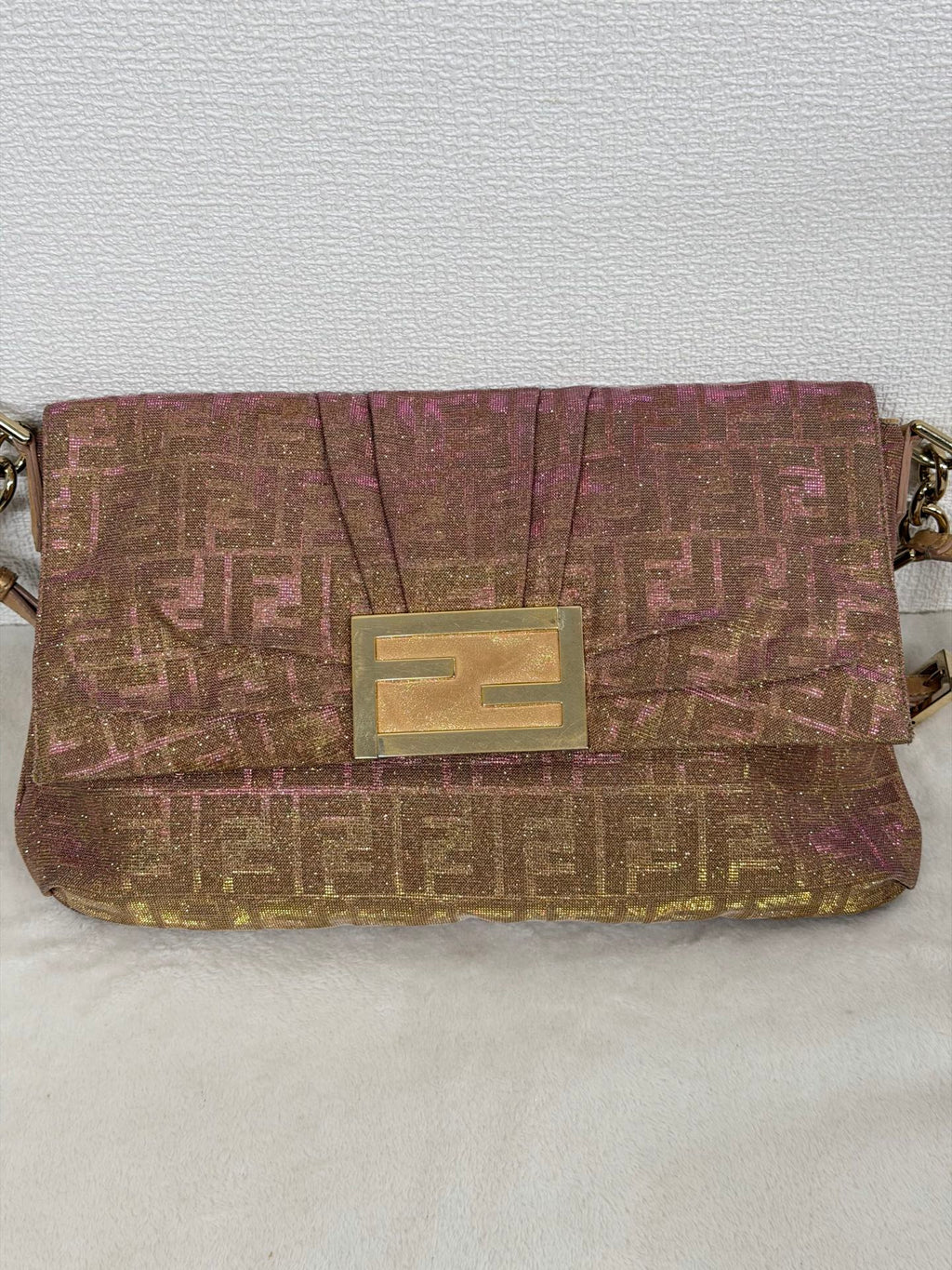 Fendi Metallic Pink Gold Lurex Zucca Large Mia Bag