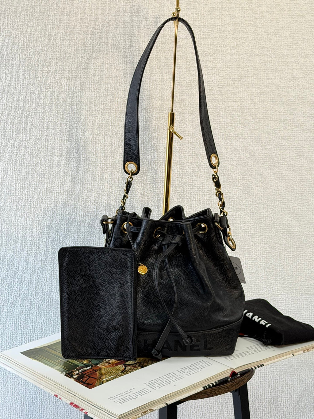 Chanel Vintage Triple Coco Caviar Skin Drawstring Bag Black