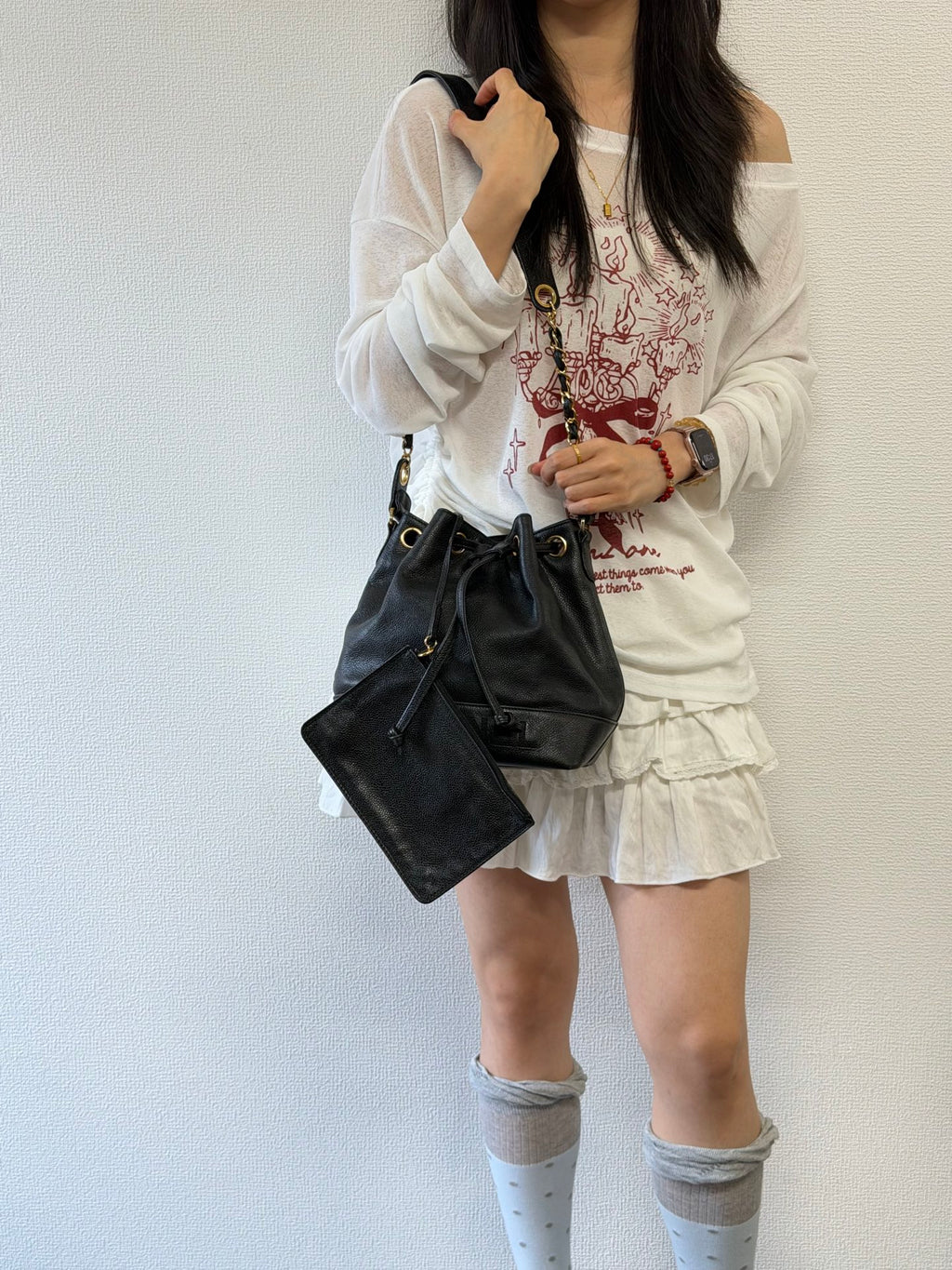 Chanel Vintage Triple Coco Caviar Skin Drawstring Bag Black