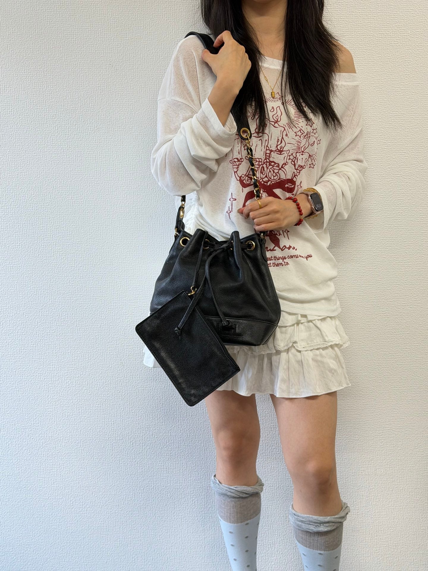 Chanel Vintage Triple Coco Caviar Skin Drawstring Bag Black