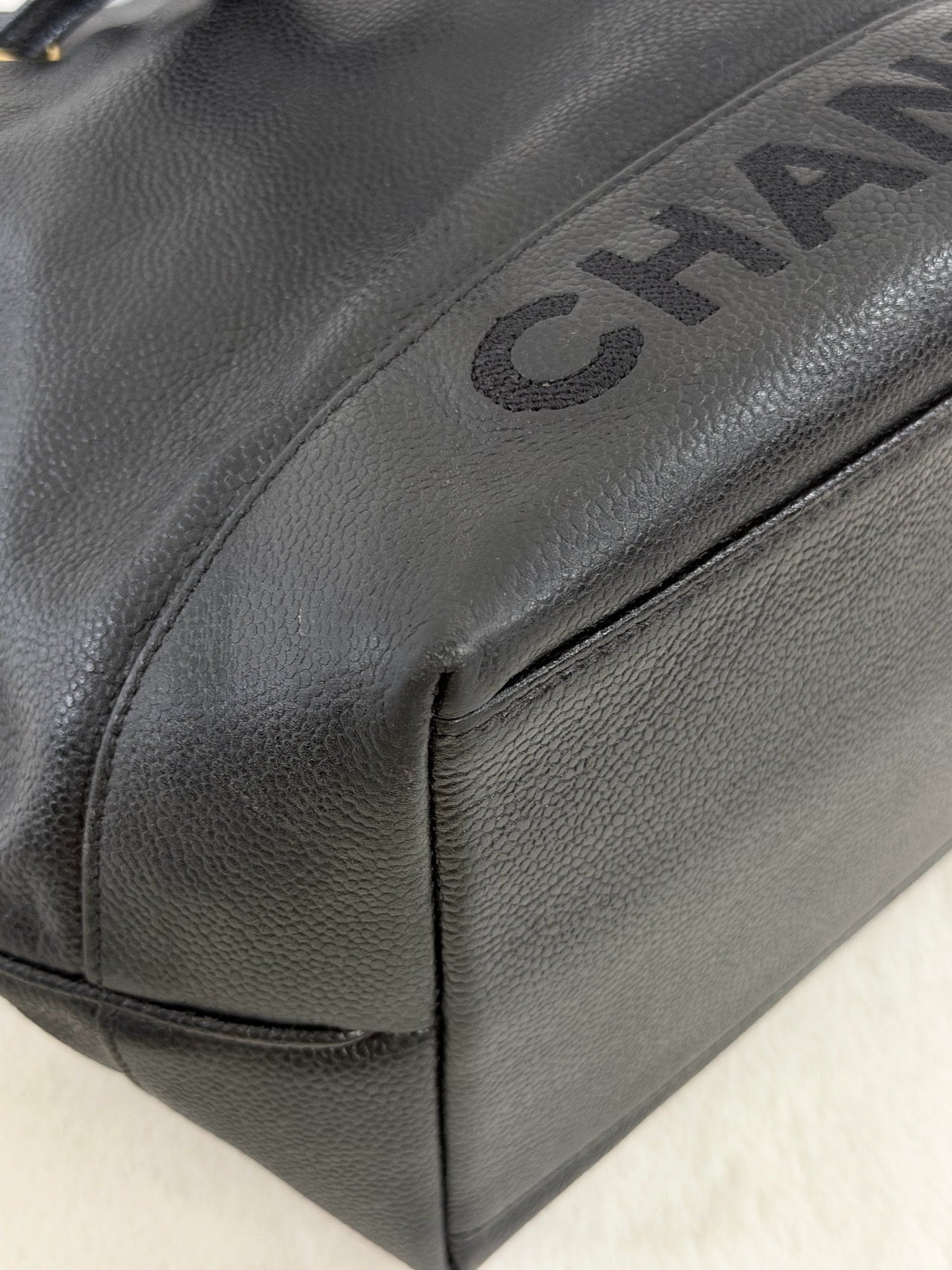 Chanel Vintage Triple Coco Caviar Skin Drawstring Bag Black