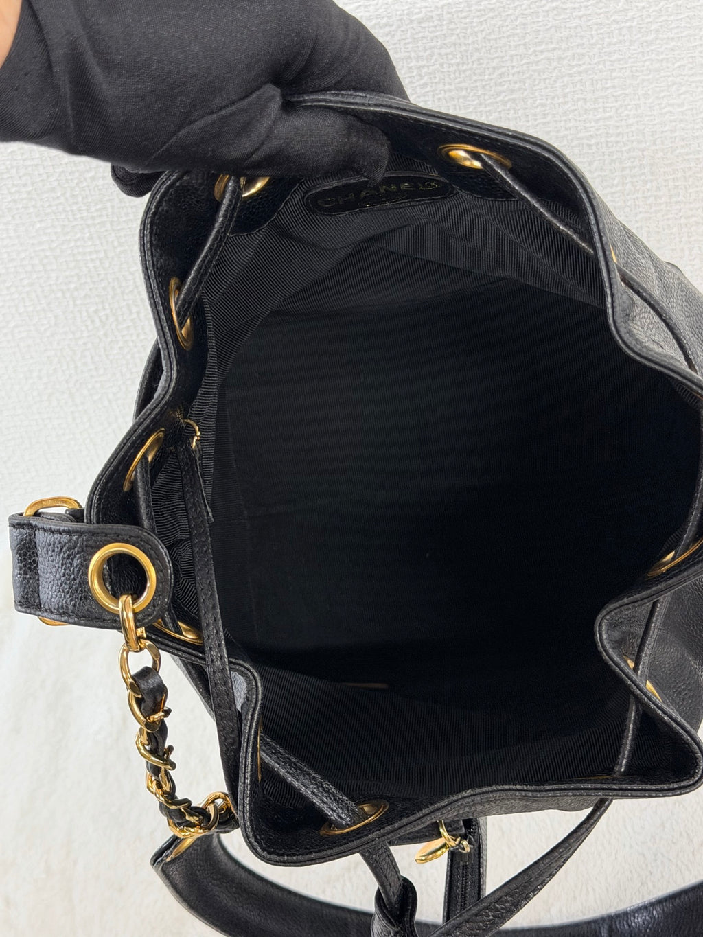 Chanel Vintage Triple Coco Caviar Skin Drawstring Bag Black