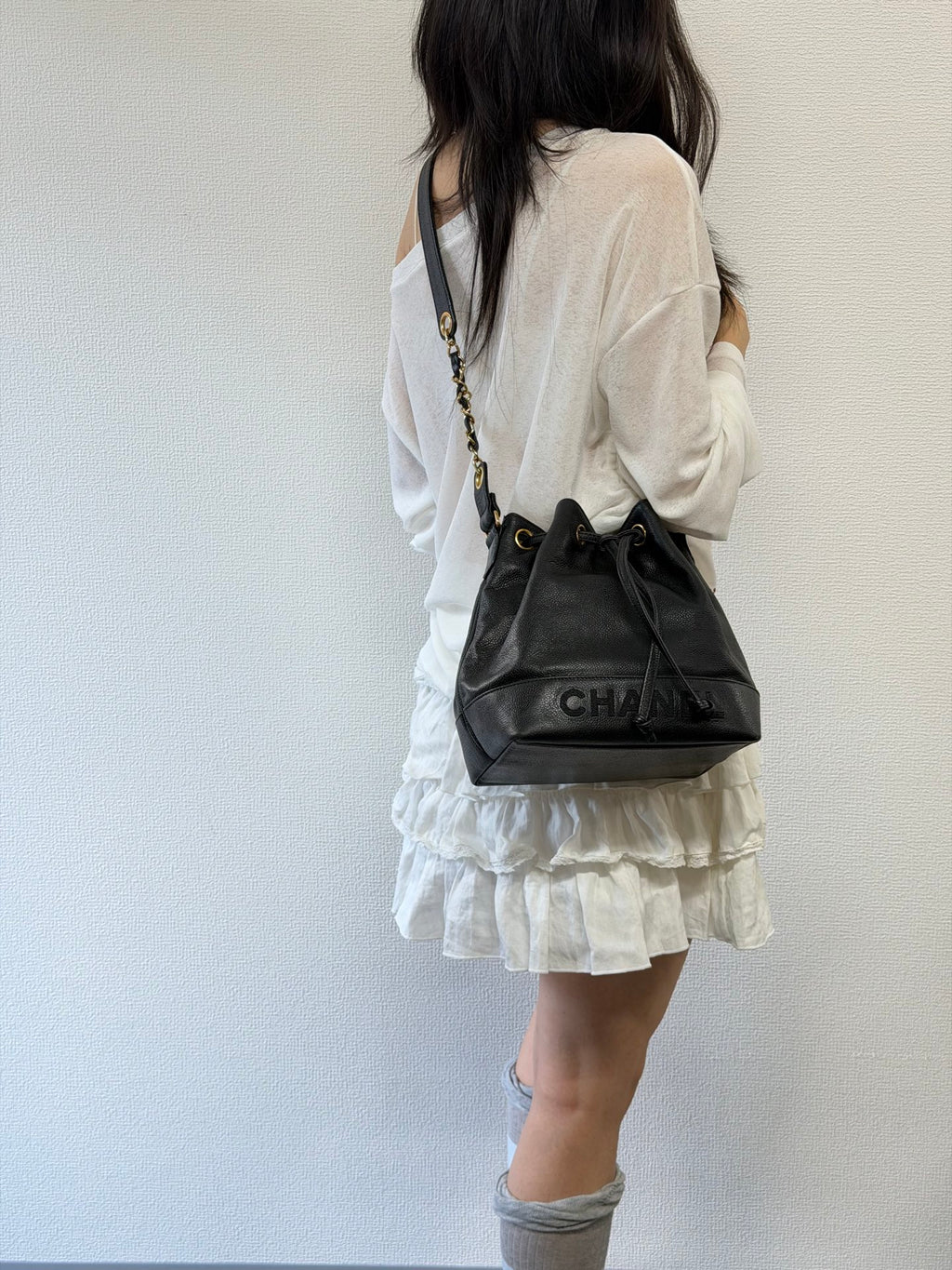 Chanel Vintage Triple Coco Caviar Skin Drawstring Bag Black
