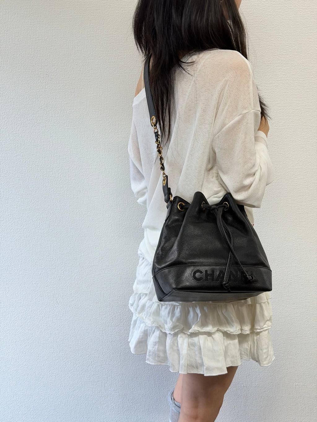 Chanel Vintage Triple Coco Caviar Skin Drawstring Bag Black