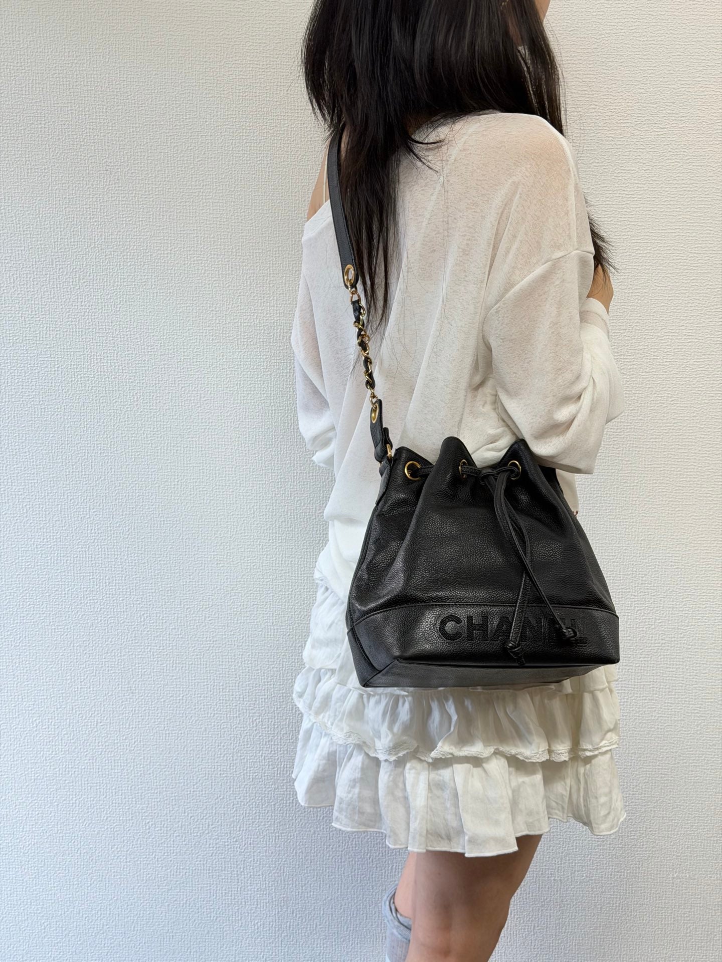 Chanel Vintage Triple Coco Caviar Skin Drawstring Bag Black
