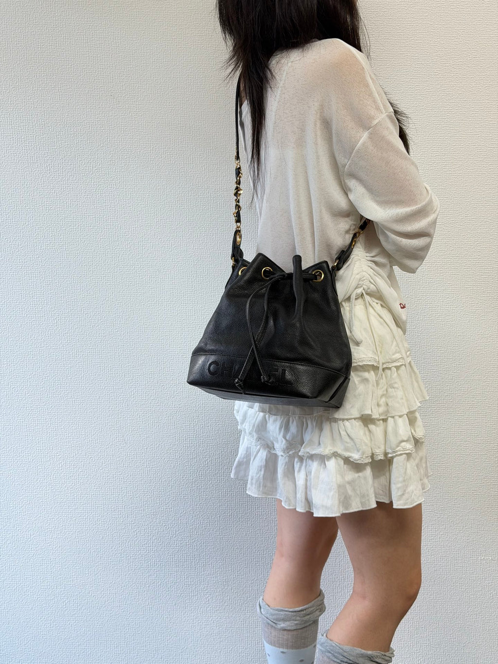 Chanel Vintage Triple Coco Caviar Skin Drawstring Bag Black