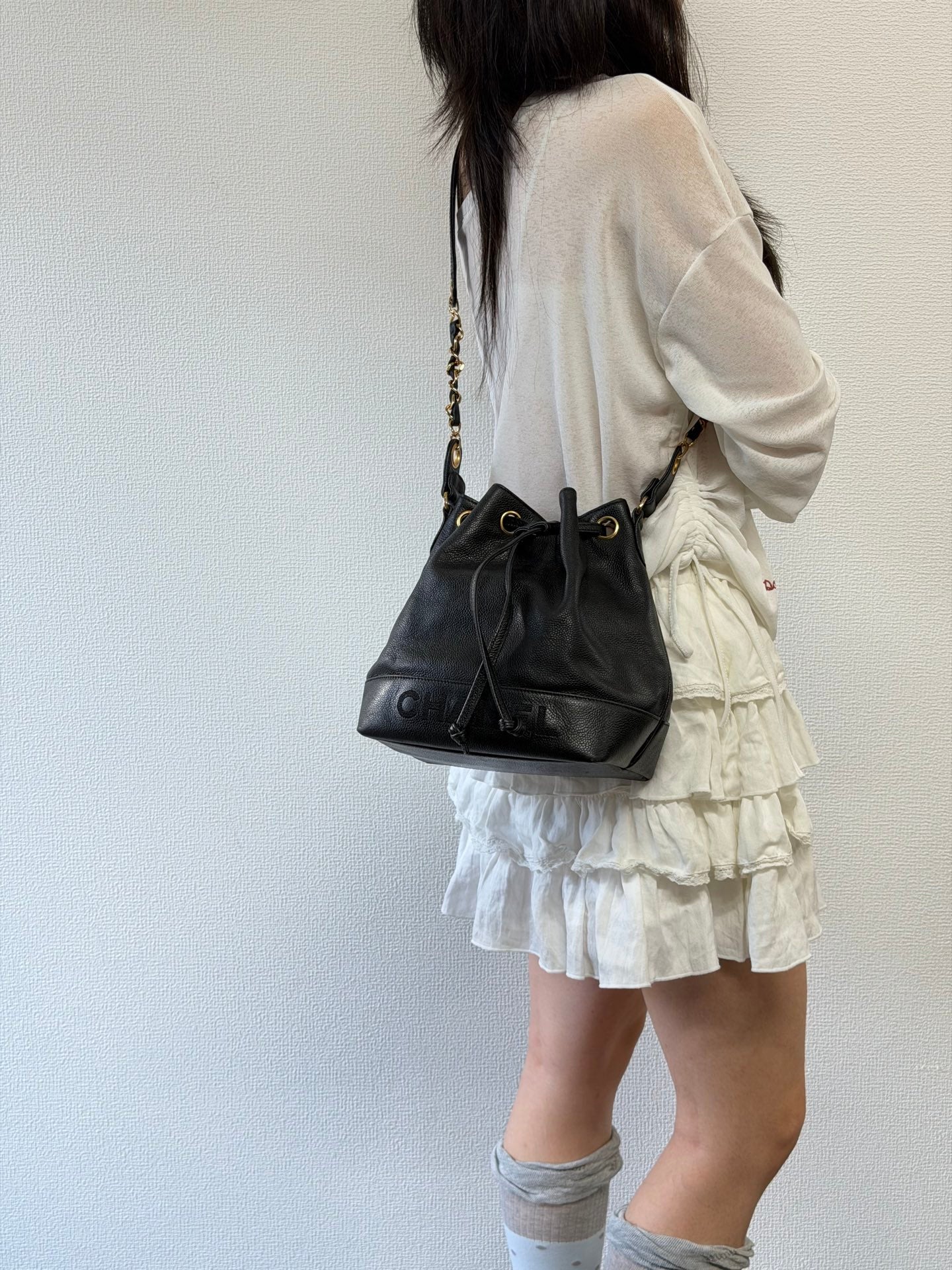 Chanel Vintage Triple Coco Caviar Skin Drawstring Bag Black