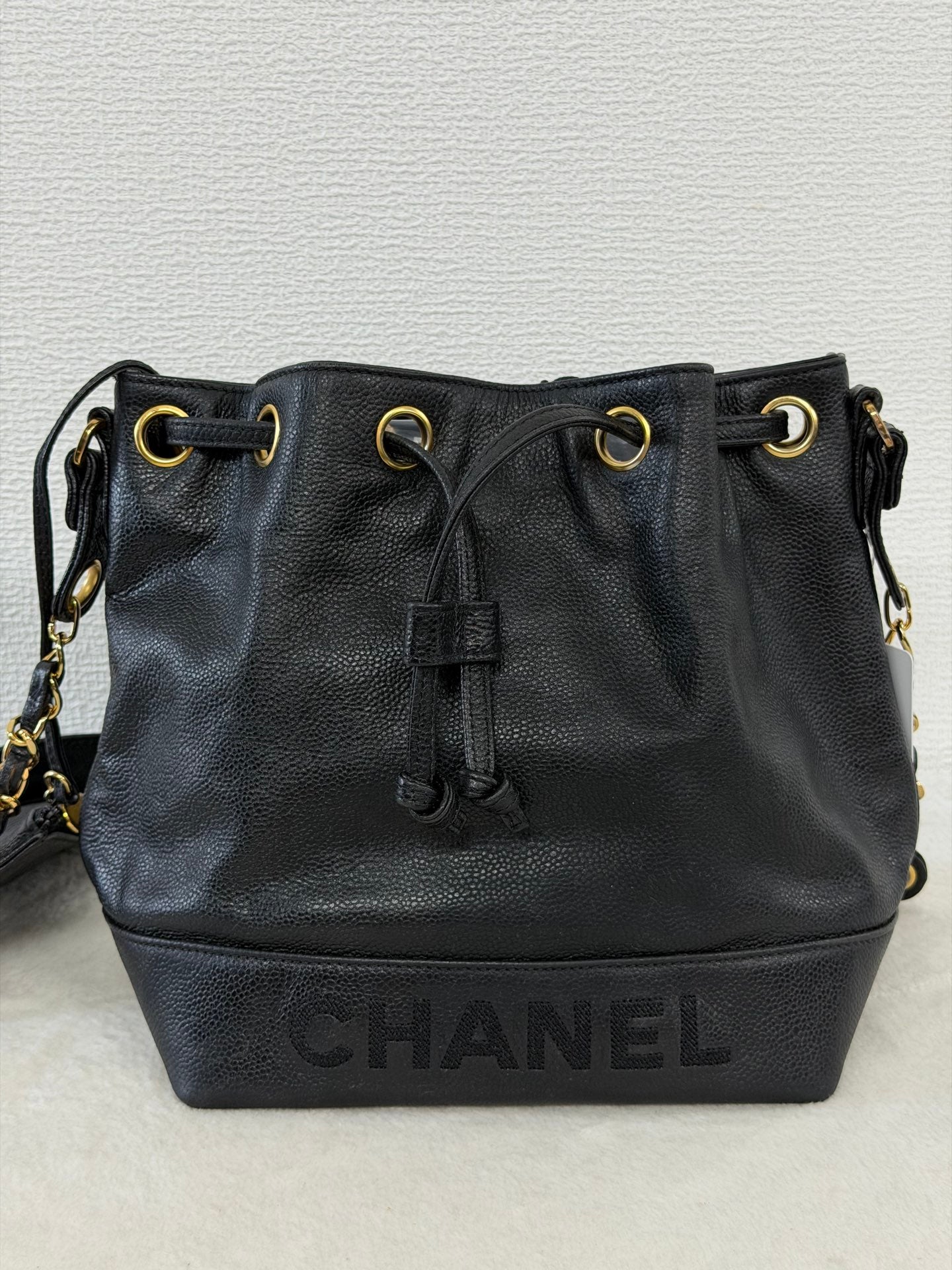 Chanel Vintage Triple Coco Caviar Skin Drawstring Bag Black