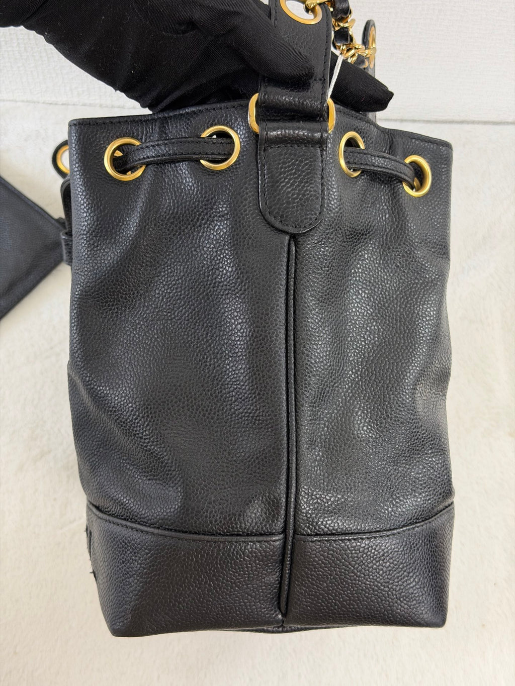 Chanel Vintage Triple Coco Caviar Skin Drawstring Bag Black