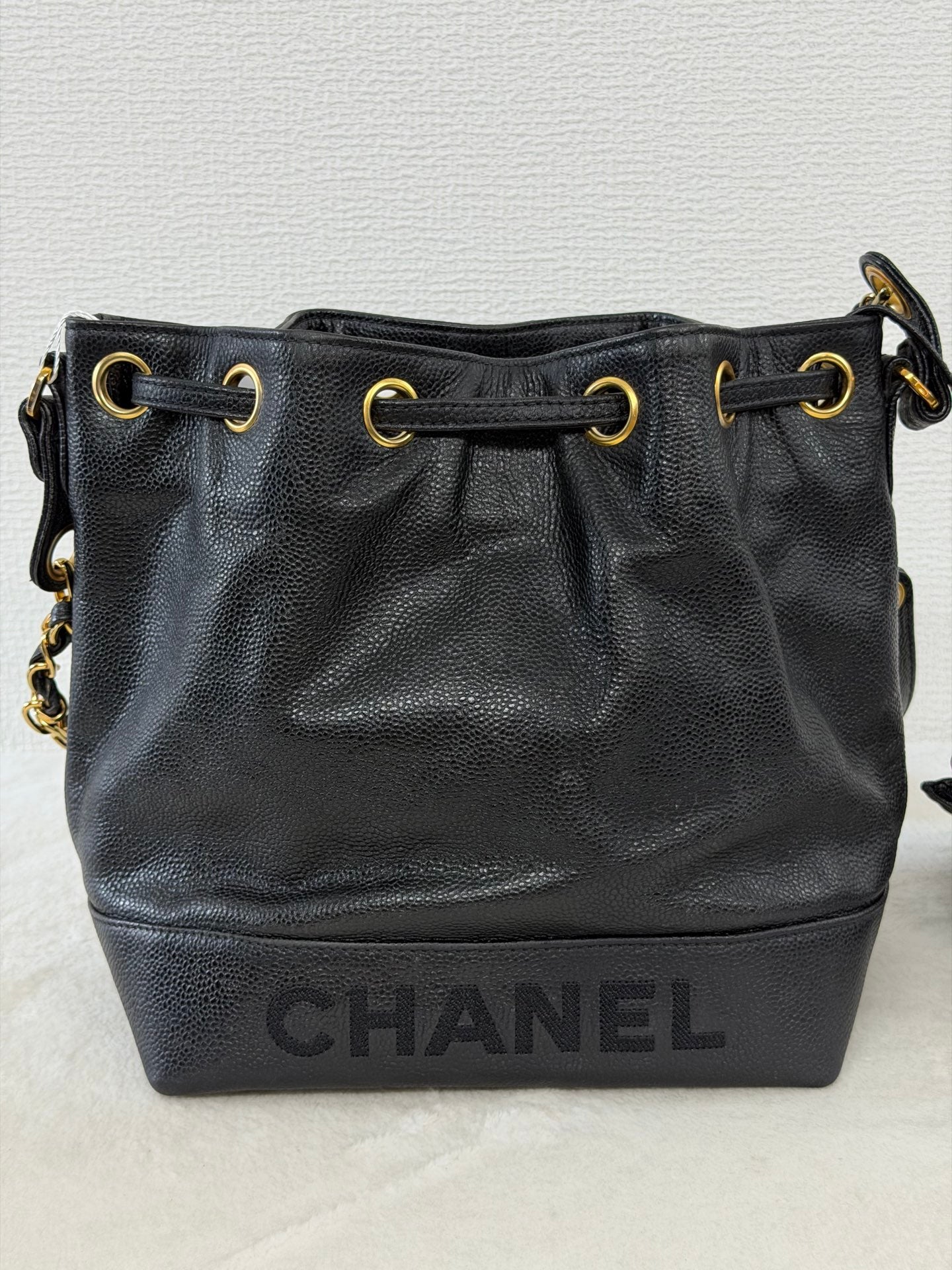 Chanel Vintage Triple Coco Caviar Skin Drawstring Bag Black