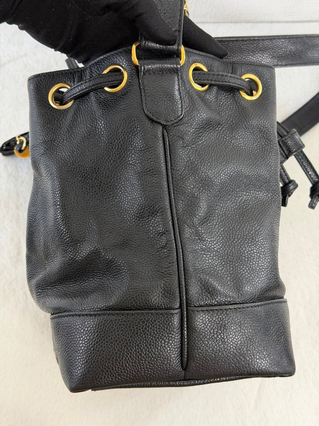 Chanel Vintage Triple Coco Caviar Skin Drawstring Bag Black