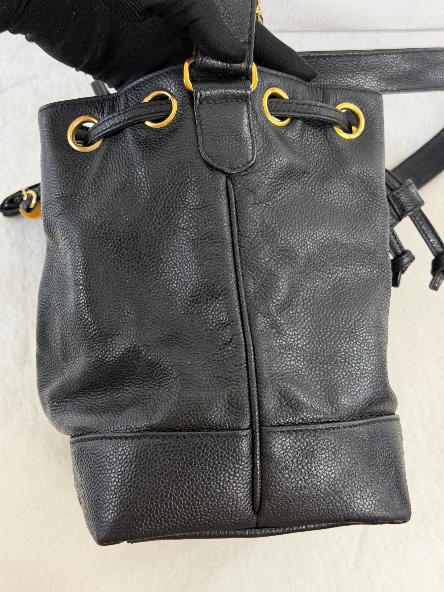 Chanel Vintage Triple Coco Caviar Skin Drawstring Bag Black