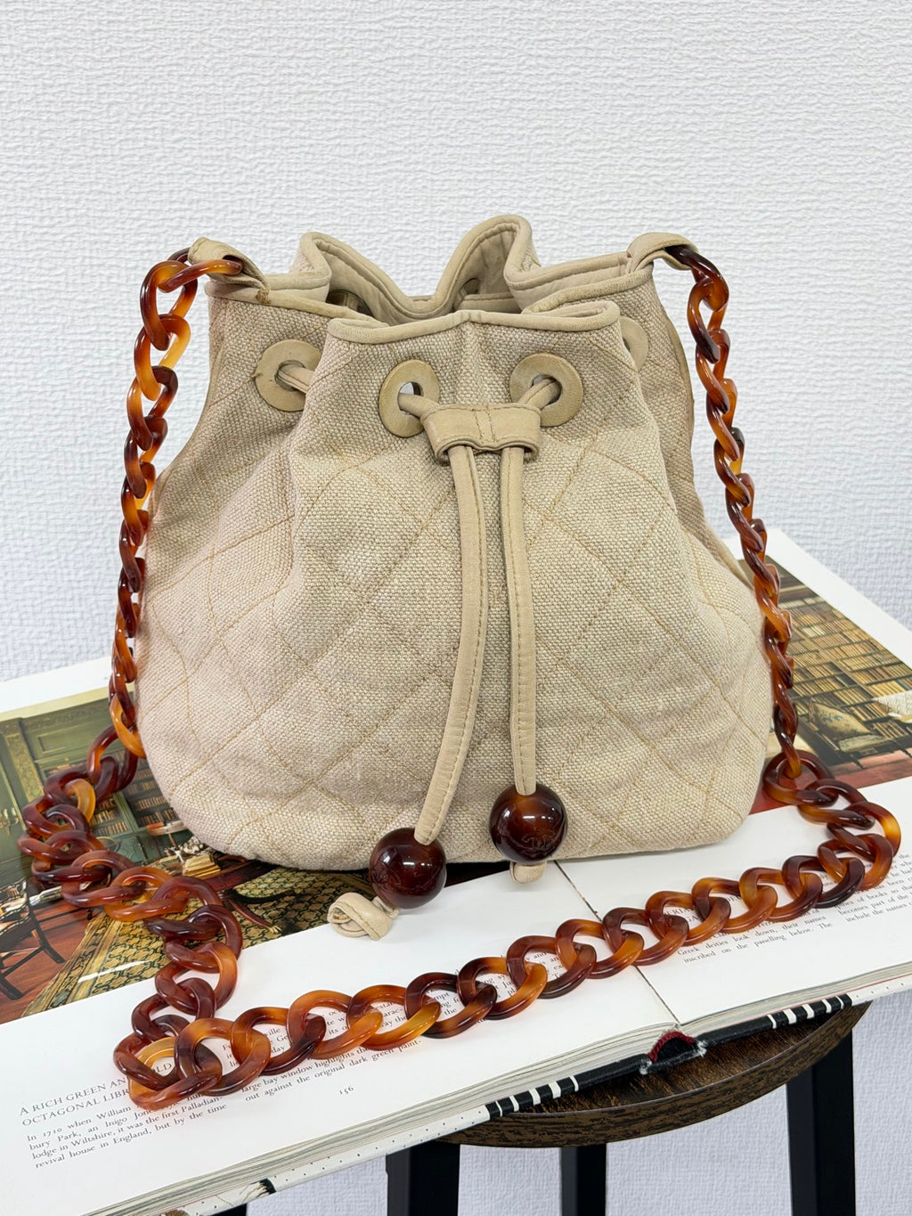 Chanel Vintage Beige Linen Quilted Drawstring Bucket Bag