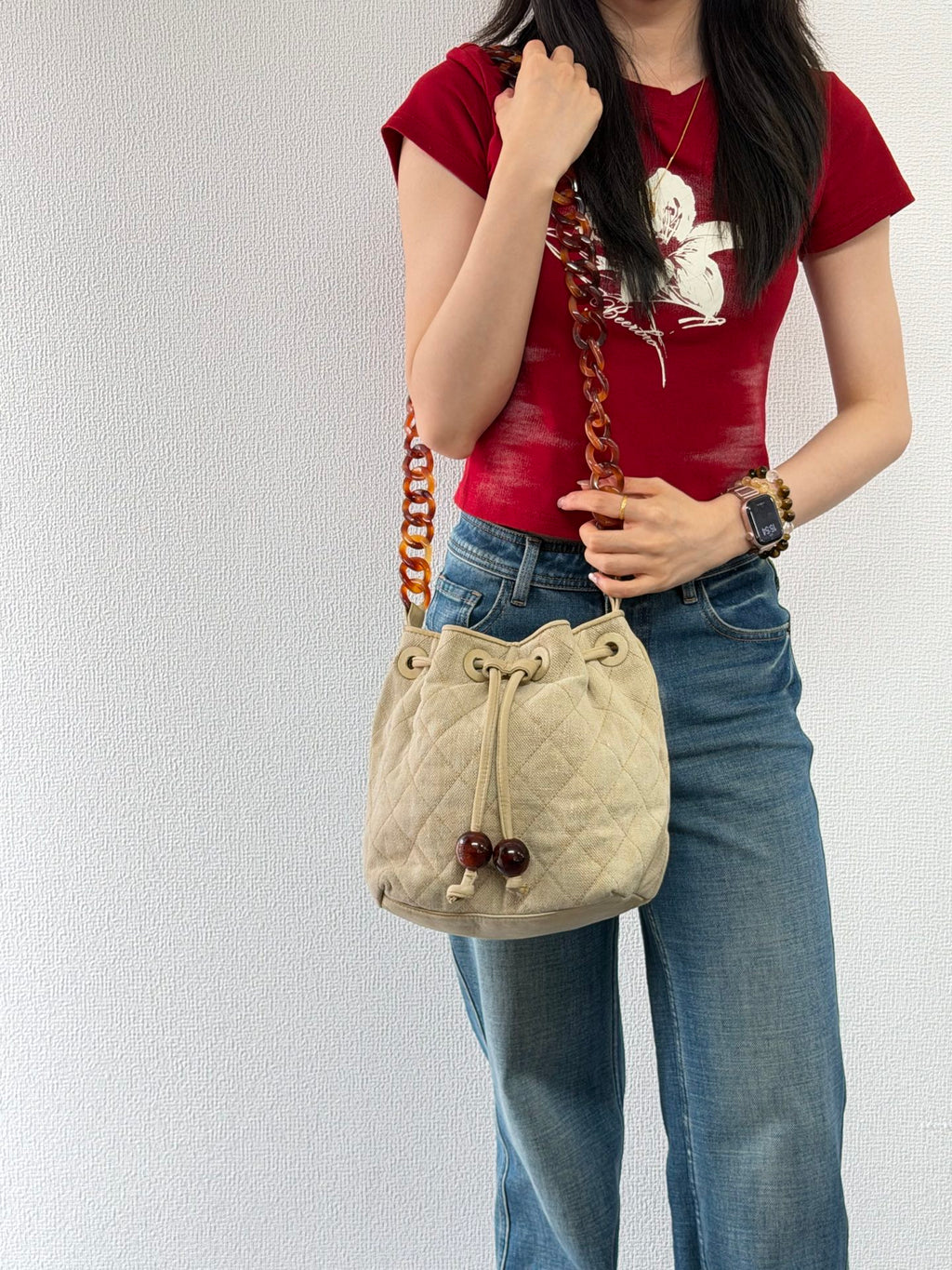 Chanel Vintage Beige Linen Quilted Drawstring Bucket Bag