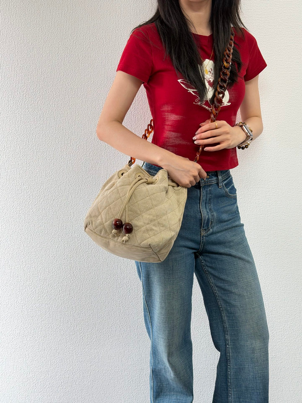 Chanel Vintage Beige Linen Quilted Drawstring Bucket Bag
