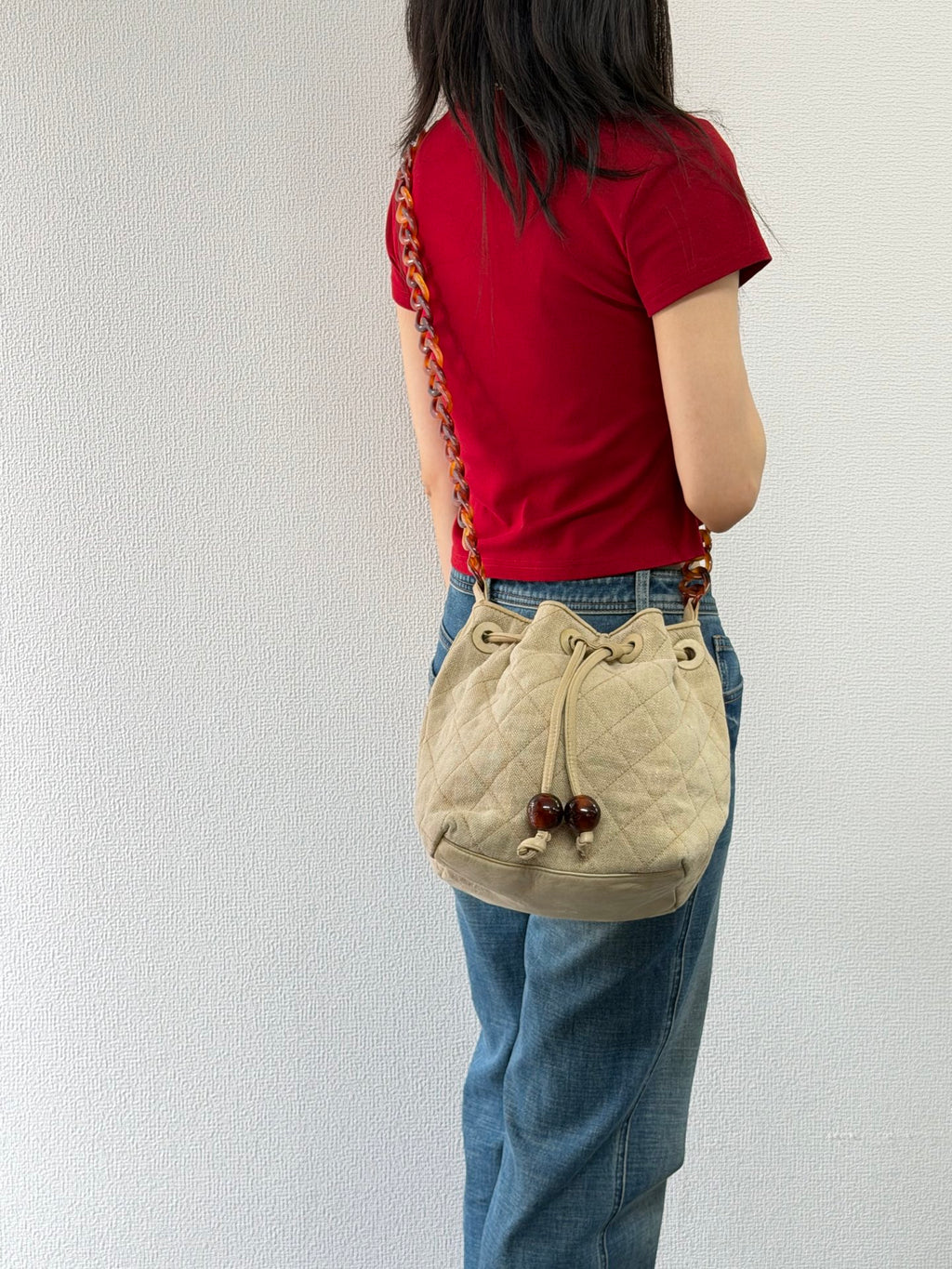 Chanel Vintage Beige Linen Quilted Drawstring Bucket Bag