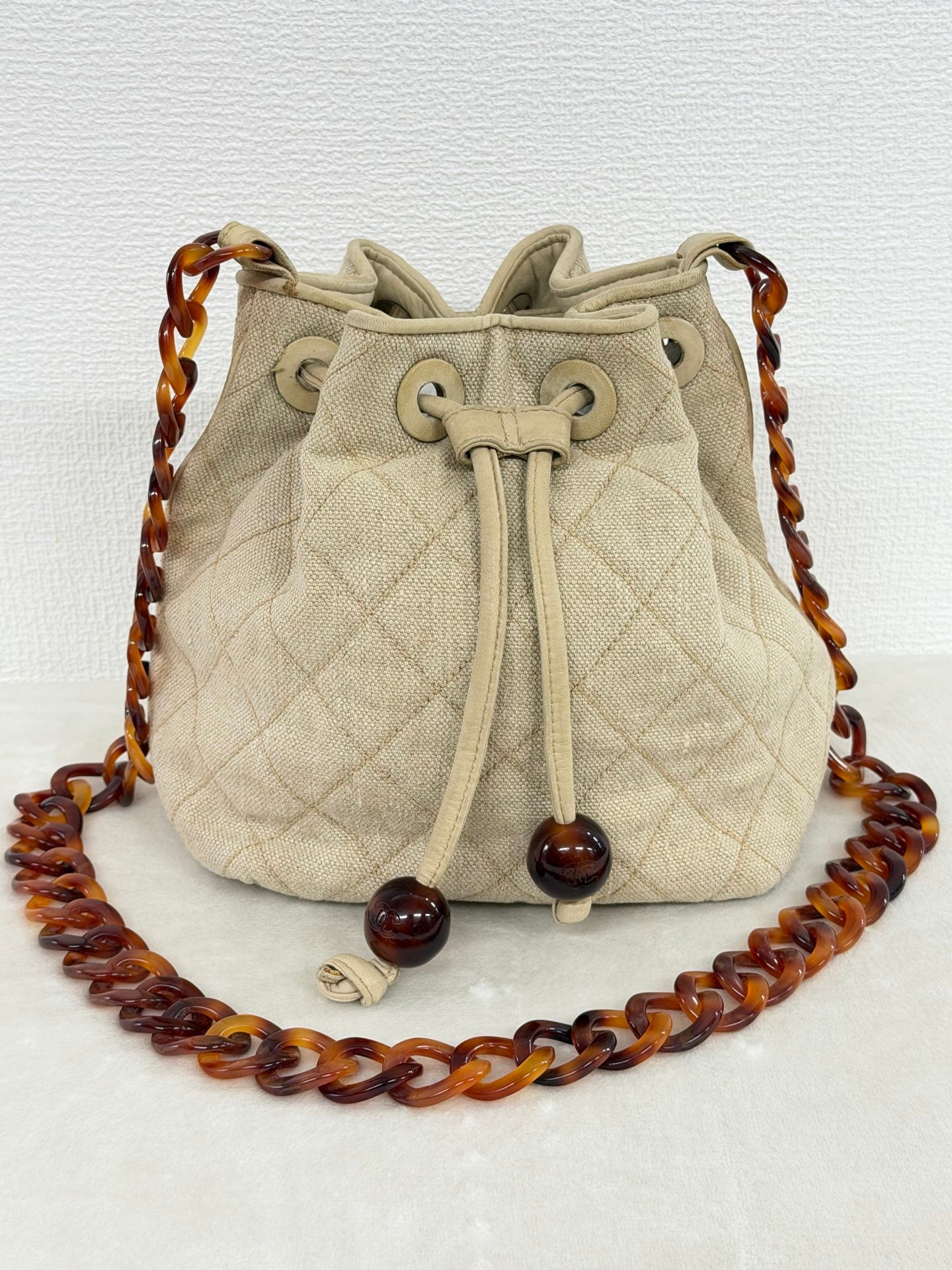 Chanel Vintage Beige Linen Quilted Drawstring Bucket Bag