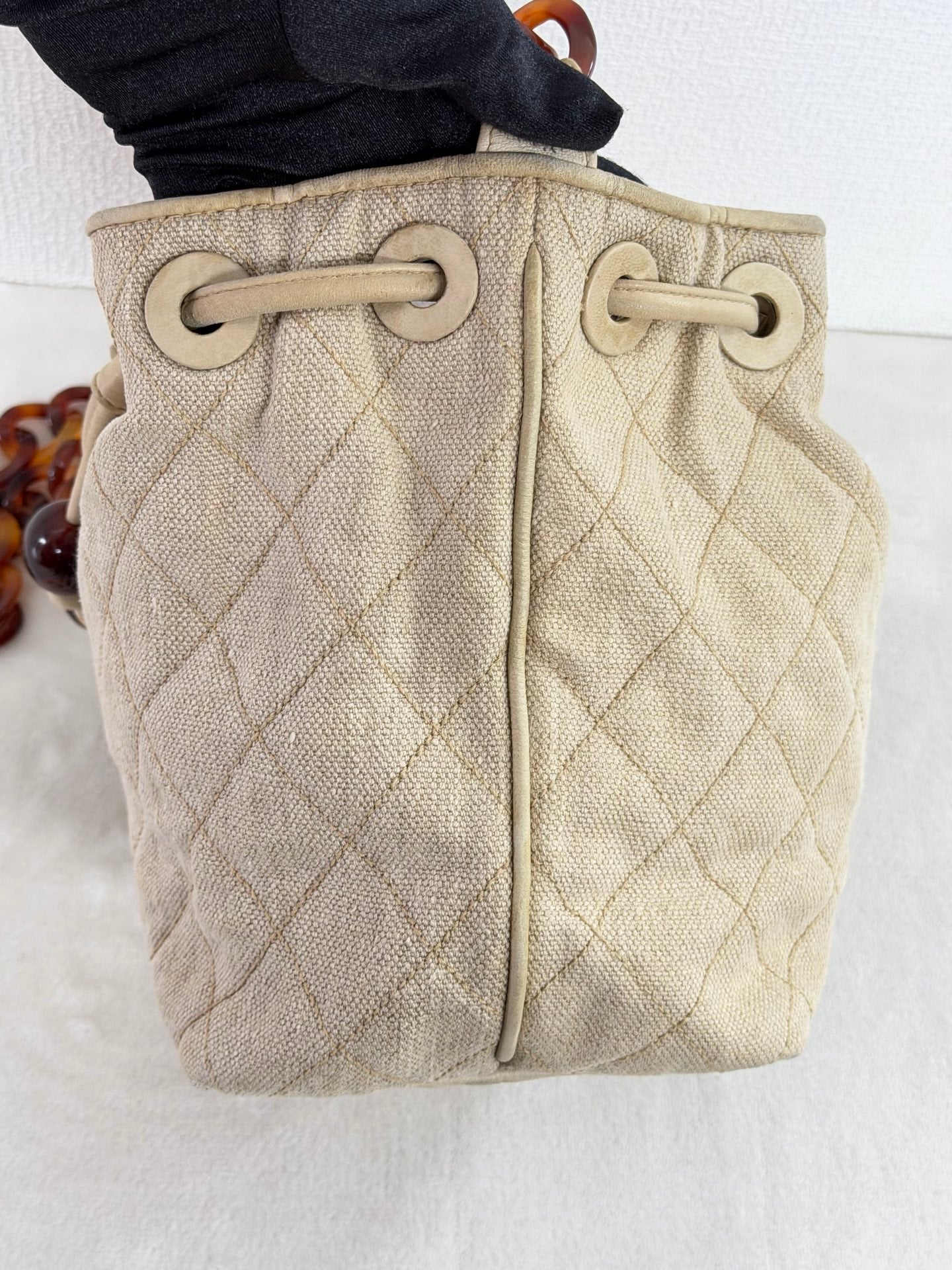Chanel Vintage Beige Linen Quilted Drawstring Bucket Bag