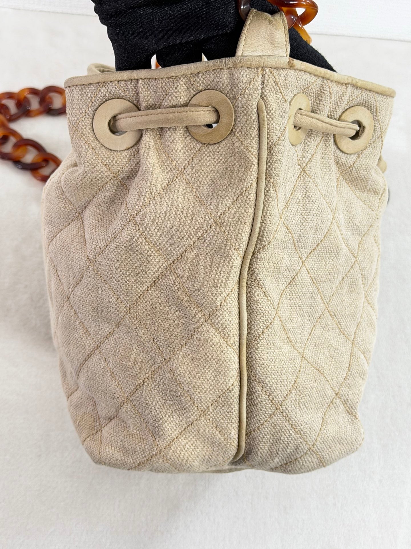 Chanel Vintage Beige Linen Quilted Drawstring Bucket Bag