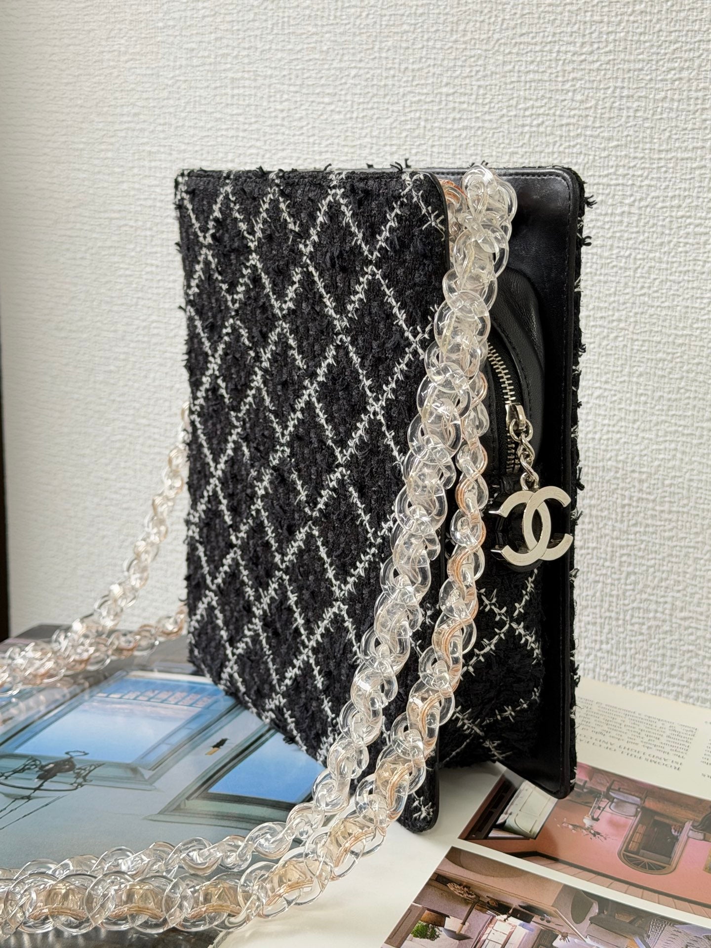 Chanel Diamond Stitch Tweed and Resin Chain Shoulder Bag
