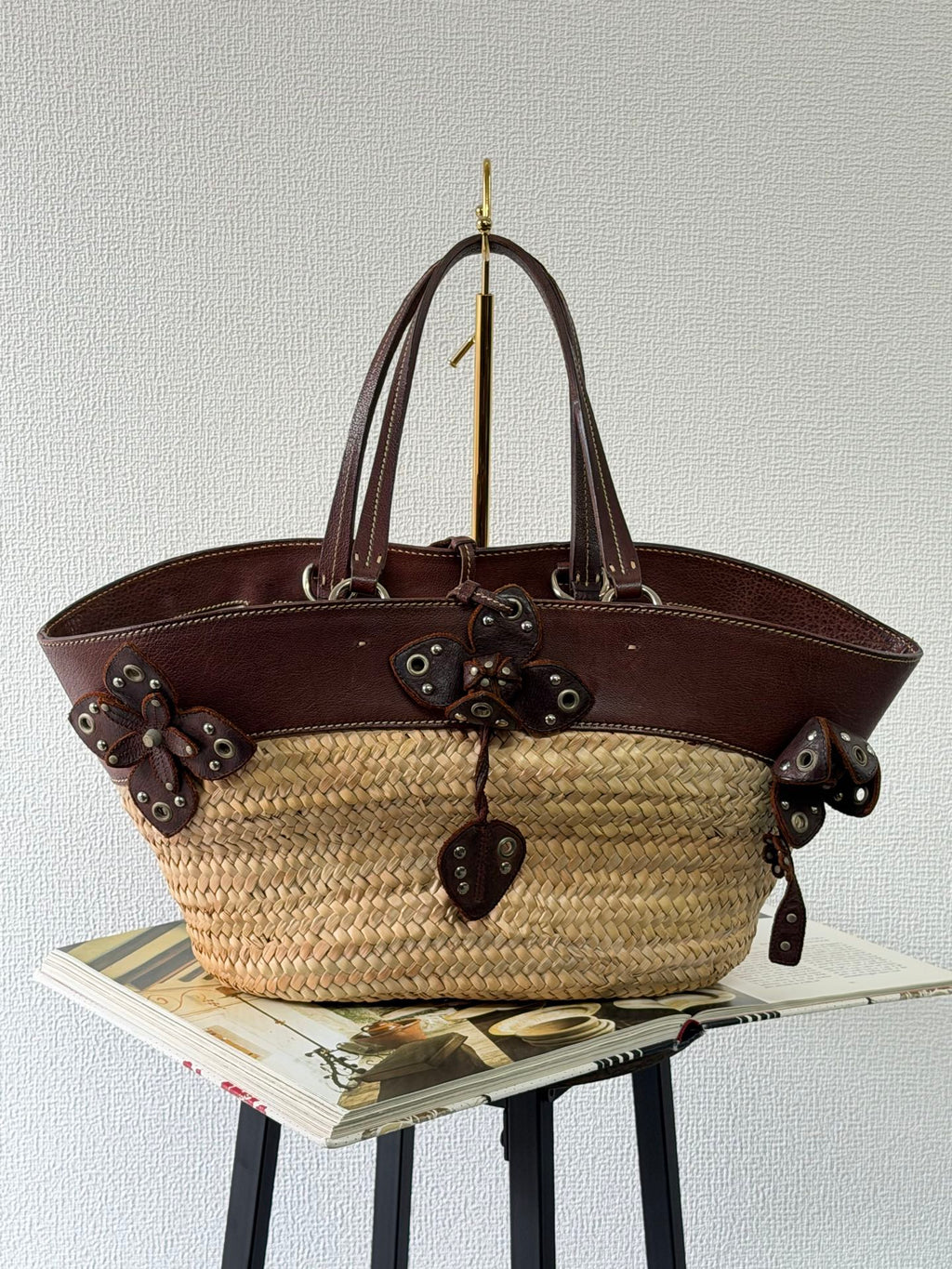 MiuMiu Flower Motif Straw Basket Bag