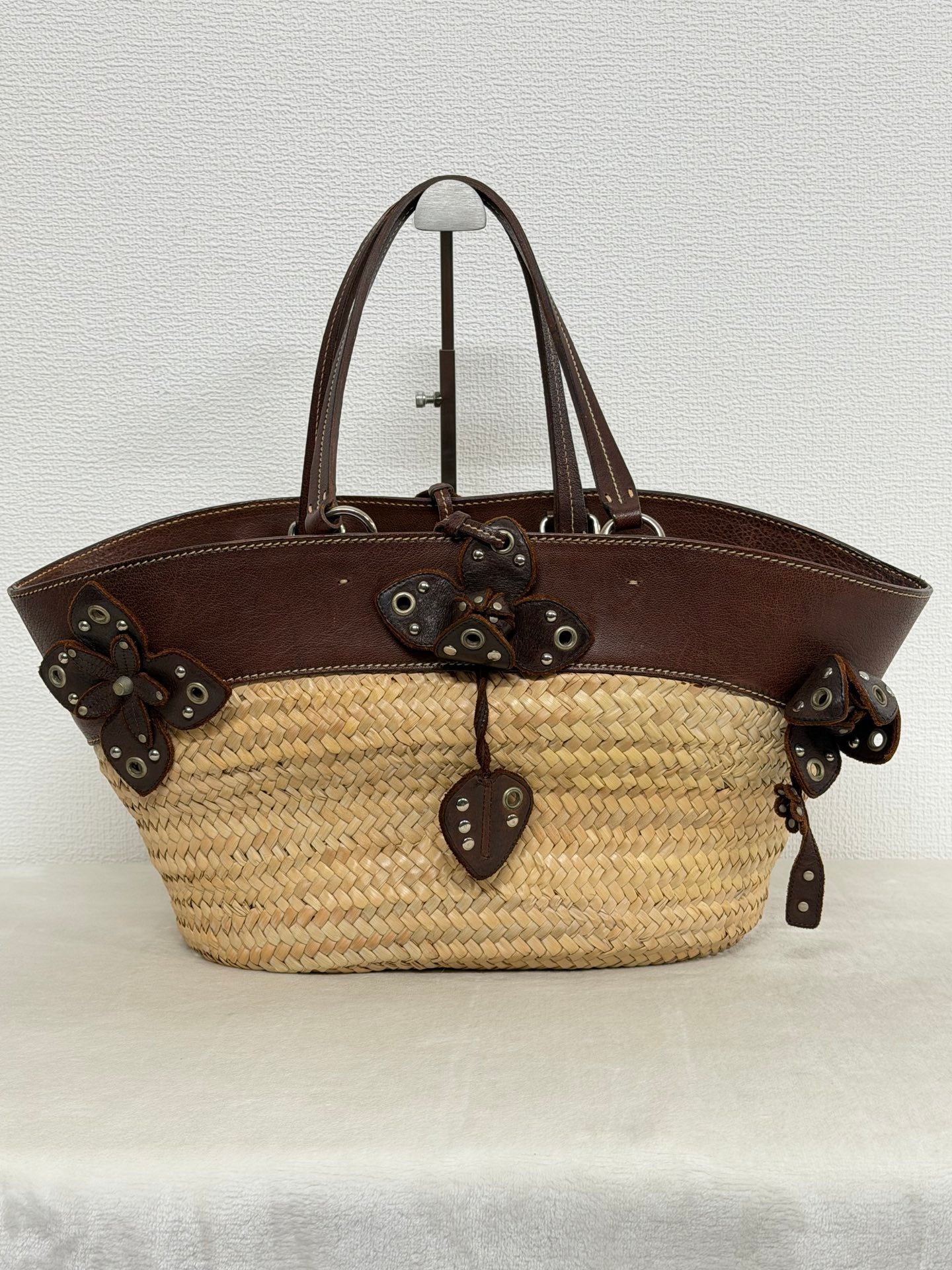 MiuMiu Flower Motif Straw Basket Bag